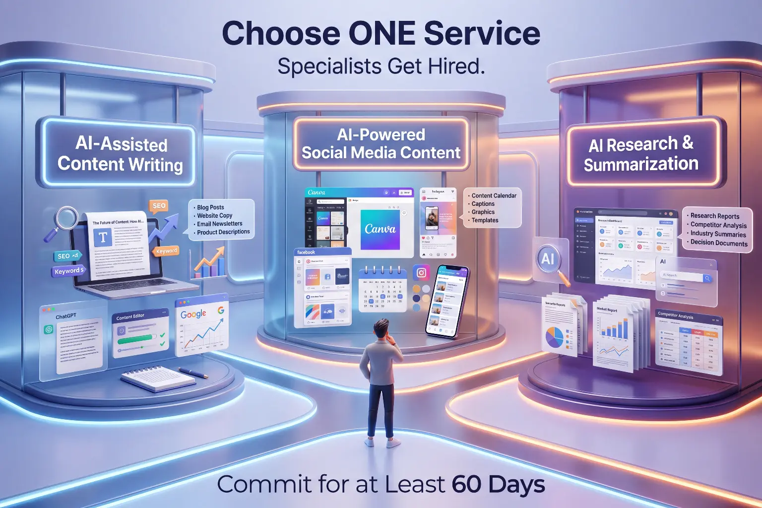 Three AI freelancing service options to specialize in: AI-assisted content writing, AI-powered social media content, and AI research and summarization
