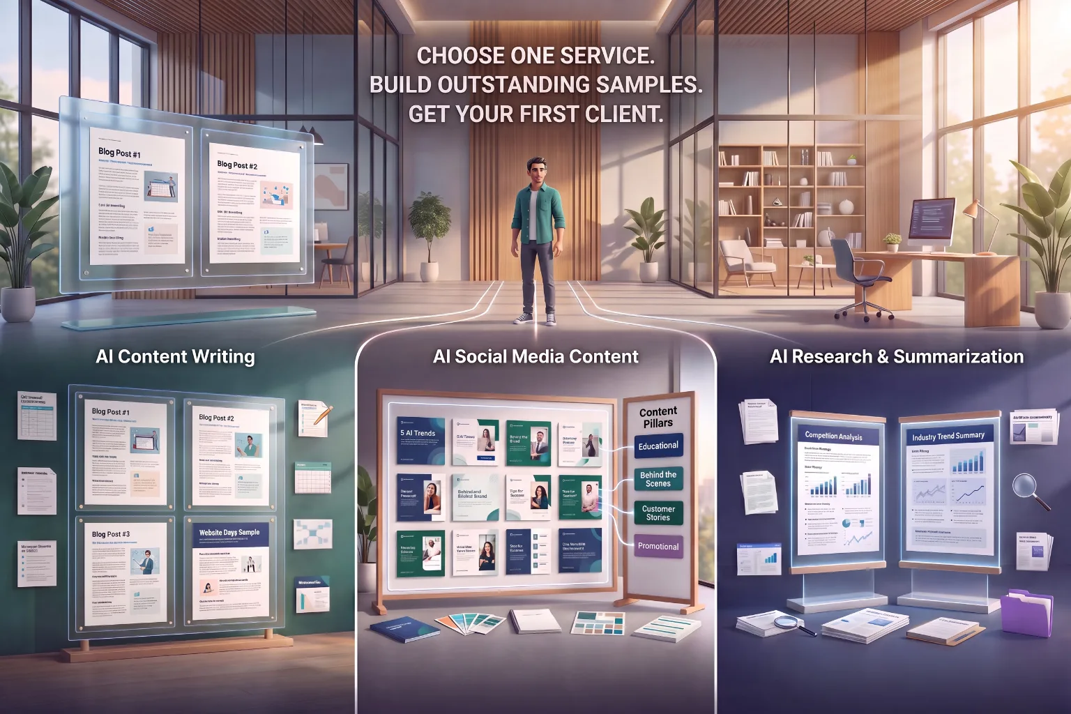 Illustration showing three AI freelancing service paths to choose from: AI content writing with blog post samples, AI social media content with content pillars, and AI research and summarization with competitor analysis reports