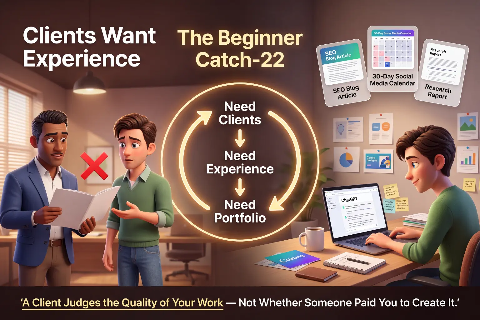 Illustration of the beginner catch-22 in freelancing where clients want experience but beginners need clients first, shown with a cycle of need clients, need experience, need portfolio