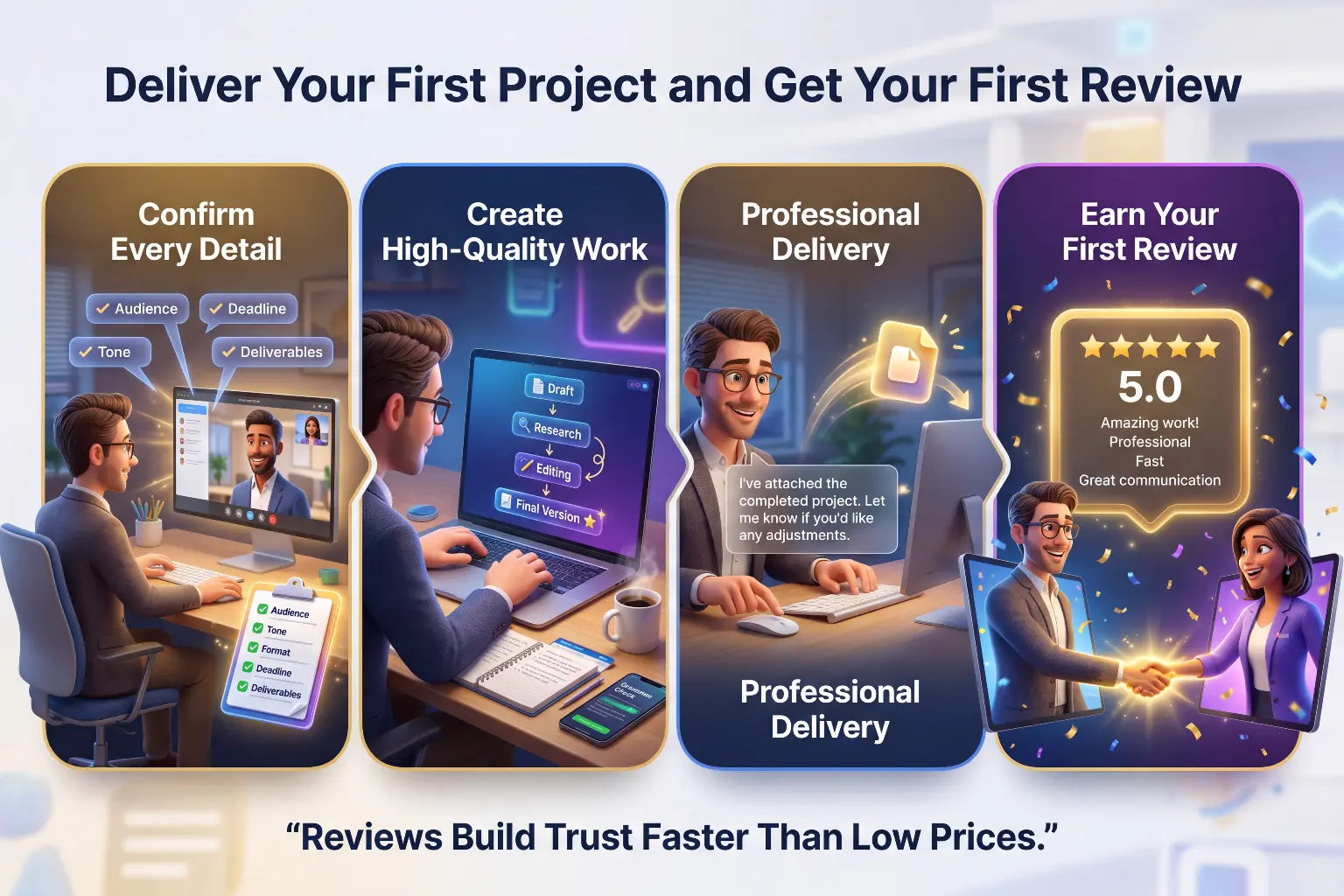 Four steps to deliver your first freelance project and earn your first client review: confirm every detail, create high-quality work, professional delivery, and earn a five star review