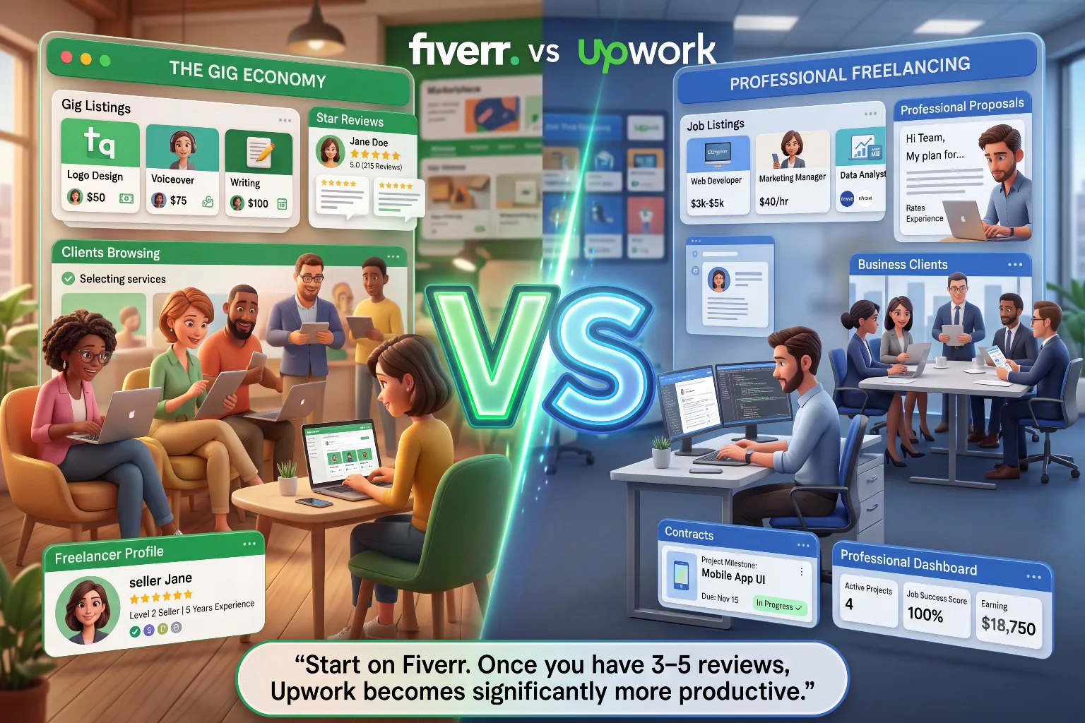 Comparison of Fiverr and Upwork for AI freelancers showing Fiverr as the gig economy platform for beginners and Upwork as the professional freelancing platform for experienced freelancers