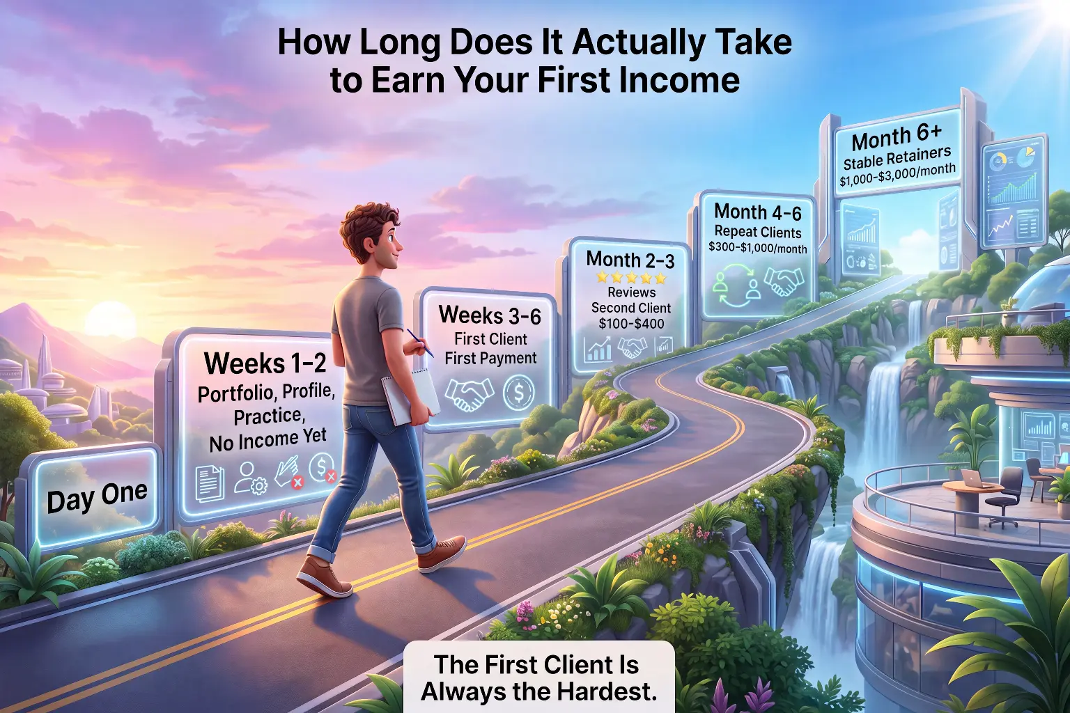 Timeline showing how long it takes to earn your first AI freelancing income from weeks 1 to 2 with no income yet, to first client payment in weeks 3 to 6, up to stable retainers of $1,000 to $3,000 per month by month 6 plus