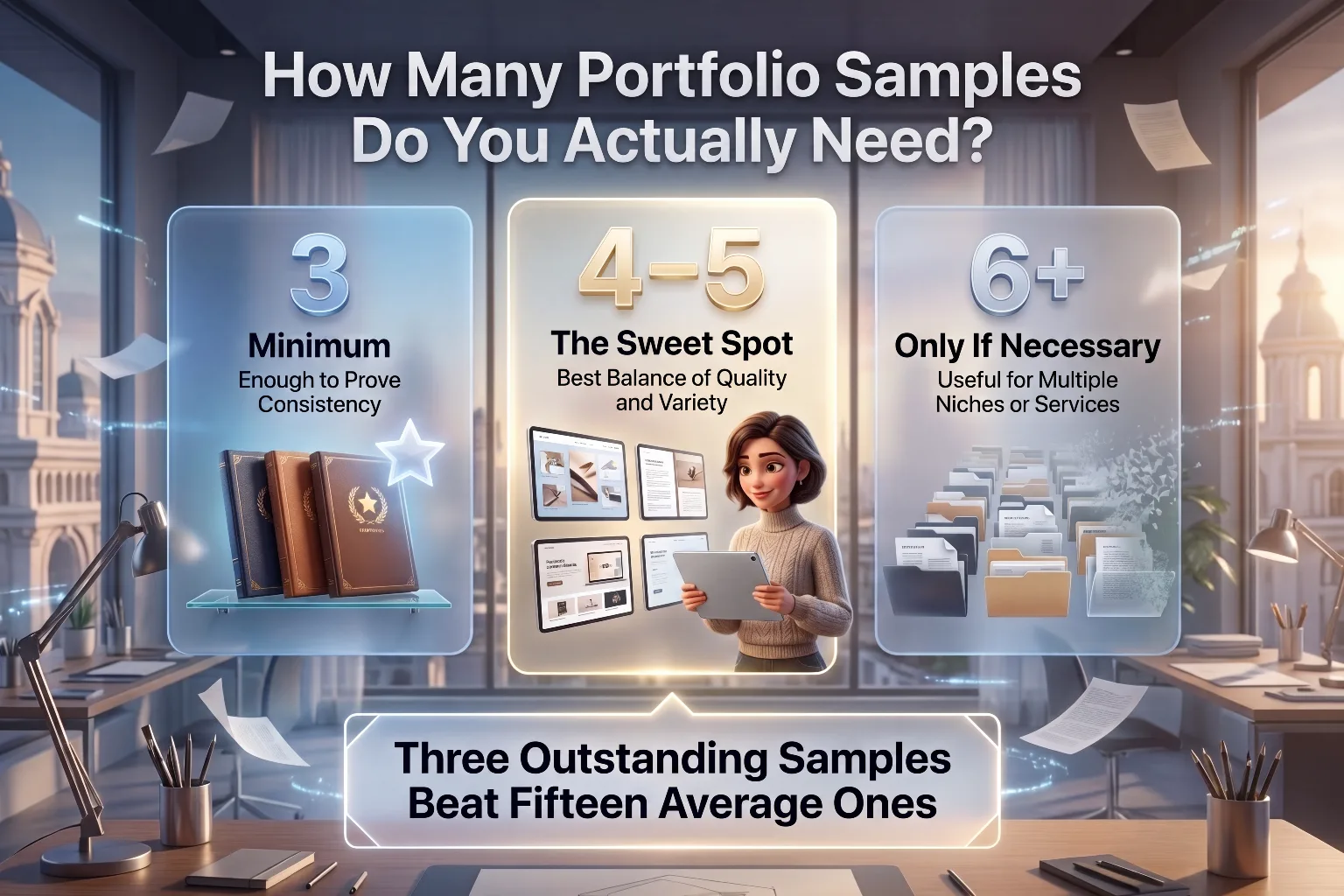 Infographic showing how many portfolio samples freelancers need with three tiers: 3 as the minimum to prove consistency, 4 to 5 as the sweet spot for quality and variety, and 6 plus only if necessary for multiple niches