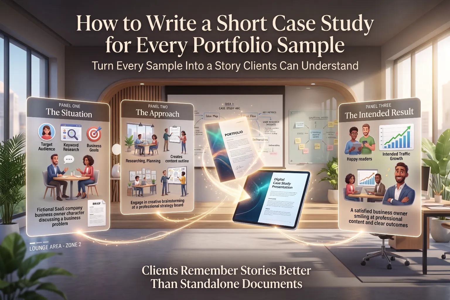 Guide to writing a short case study for every portfolio sample using three panels: the situation, the approach, and the intended result