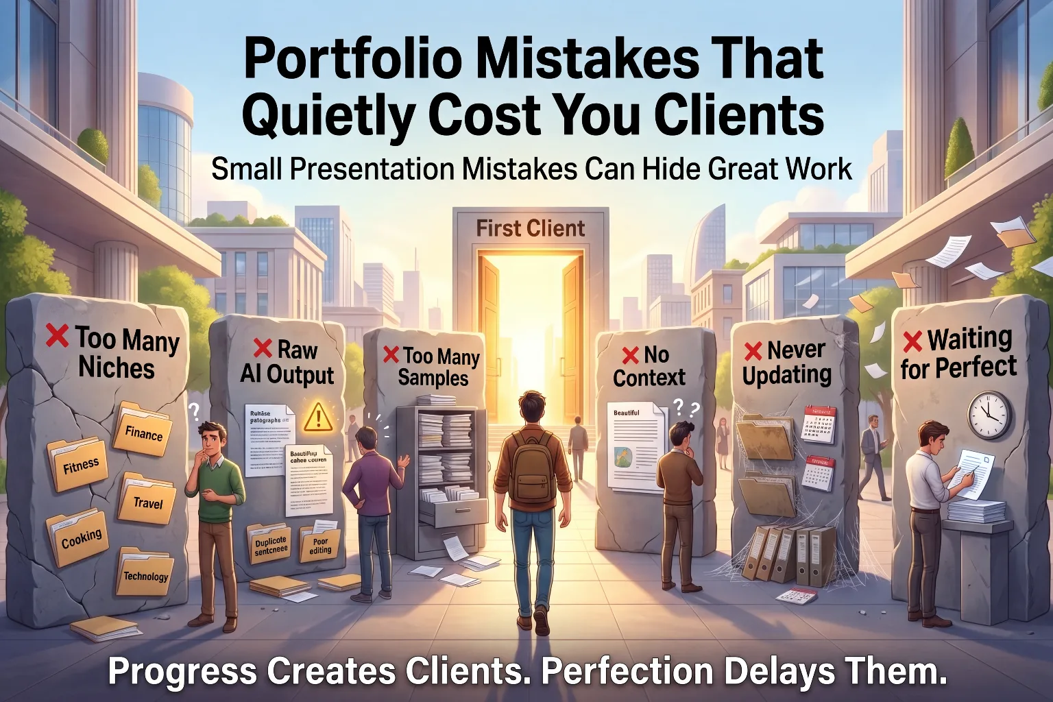 Illustration of common portfolio mistakes that quietly cost freelancers clients including too many niches, raw AI output, too many samples, no context, never updating, and waiting for perfect