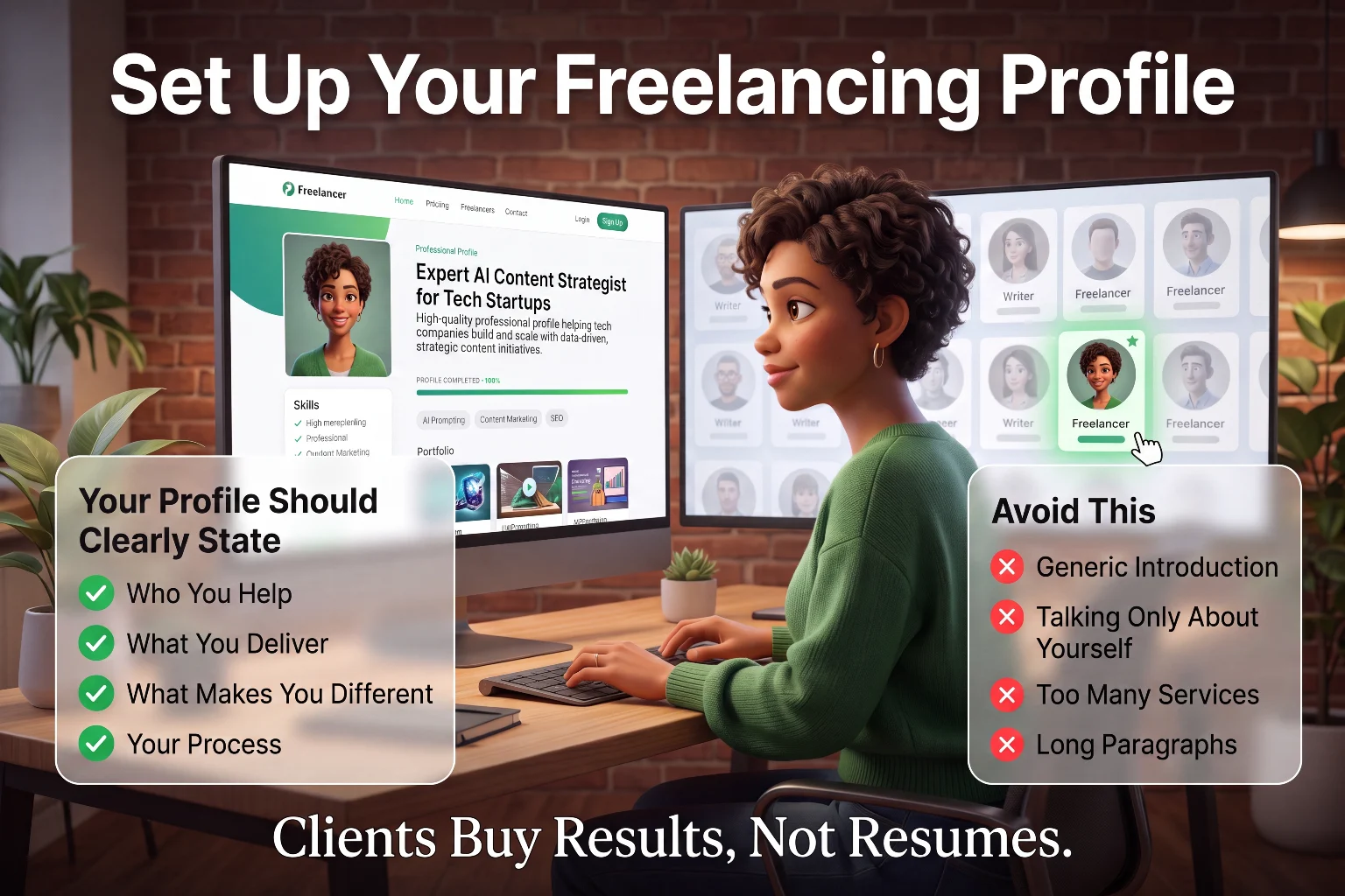 Guide to setting up a freelancing profile showing what it should clearly state including who you help, what you deliver, what makes you different, and your process, along with things to avoid like generic introductions and long paragraphs