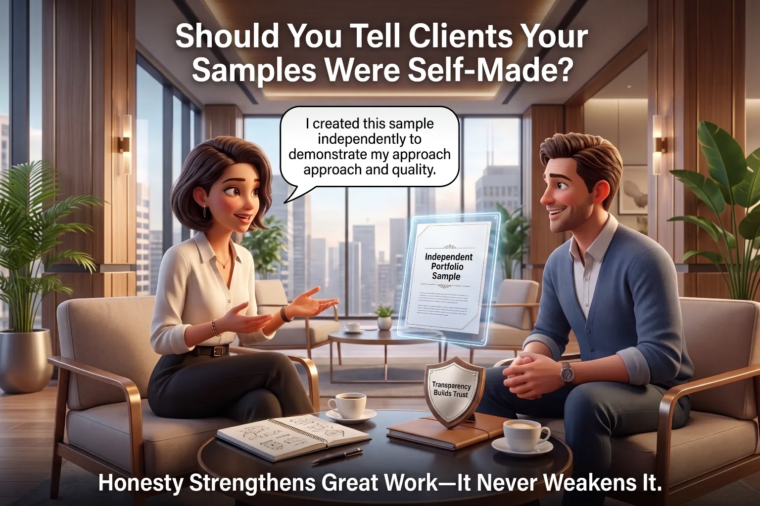 Illustration of a freelancer explaining to a client that a portfolio sample was created independently to demonstrate approach and quality, showing that honesty builds trust