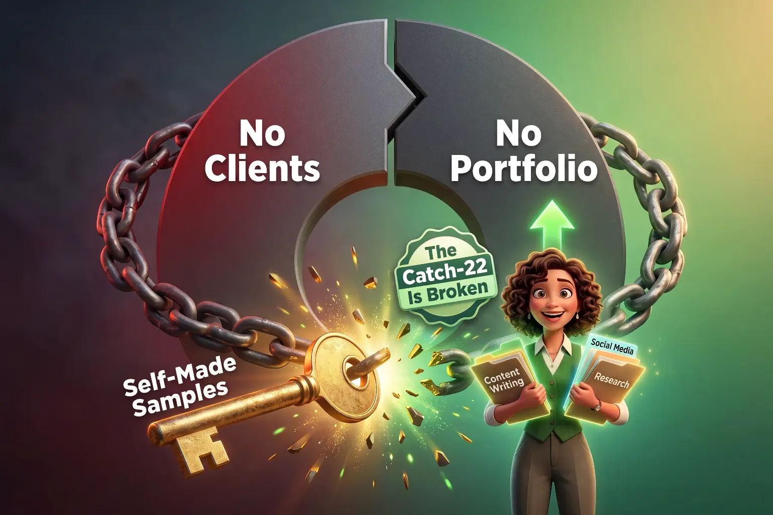 Illustration showing how self-made samples break the freelancing catch-22 of having no clients and no portfolio