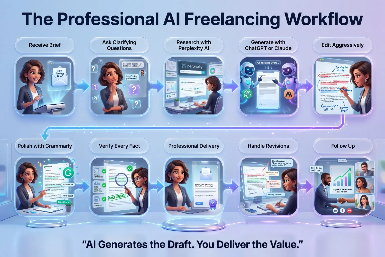 Ten-step professional AI freelancing workflow showing receive brief, ask clarifying questions, research with Perplexity AI, generate with ChatGPT or Claude, edit aggressively, polish with Grammarly, verify every fact, deliver professionally, handle revisions, and follow up