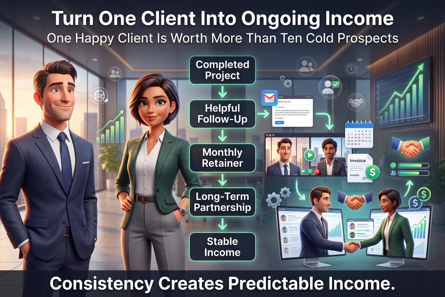 Diagram showing how to turn one freelance client into ongoing income through a completed project, helpful follow-up, monthly retainer, long-term partnership, and stable income