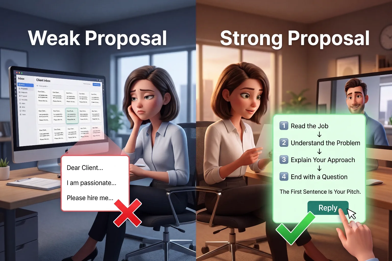 Comparison between a weak freelance proposal that only talks about the freelancer versus a strong proposal that reads the job, understands the problem, explains the approach, and ends with a question