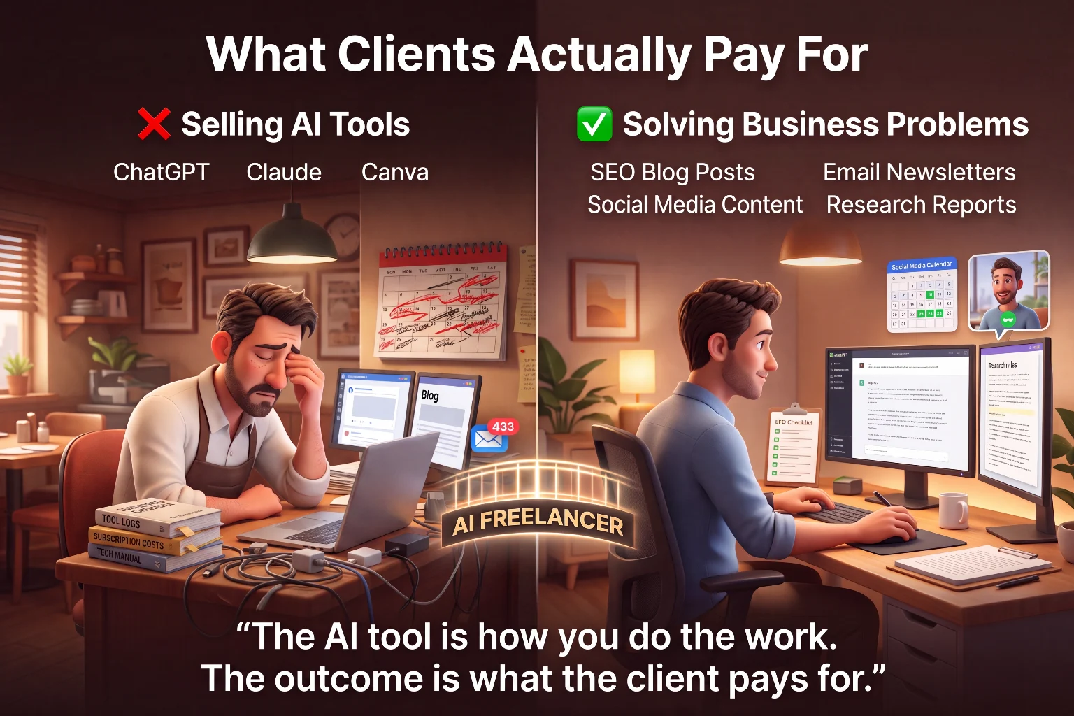 Comparison showing that clients do not pay for AI tools like ChatGPT, Claude, and Canva but instead pay for solving business problems such as SEO blog posts, email newsletters, social media content, and research reports