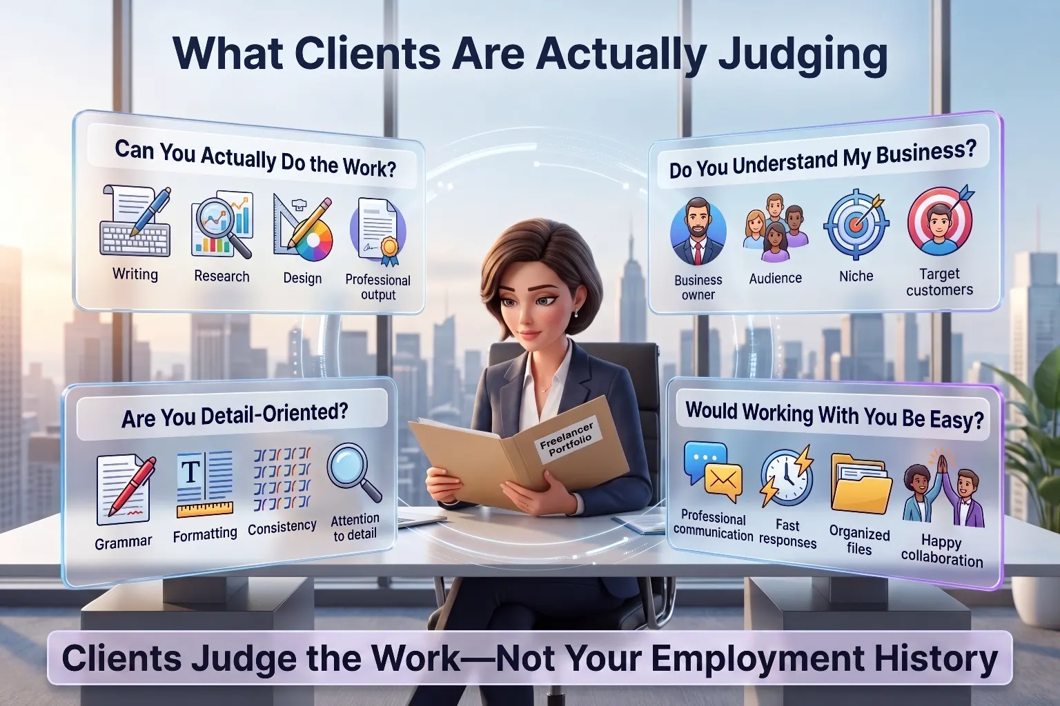 Infographic showing what clients actually judge in a freelance portfolio including whether you can do the work, if you understand their business, whether you are detail-oriented, and if working with you would be easy
