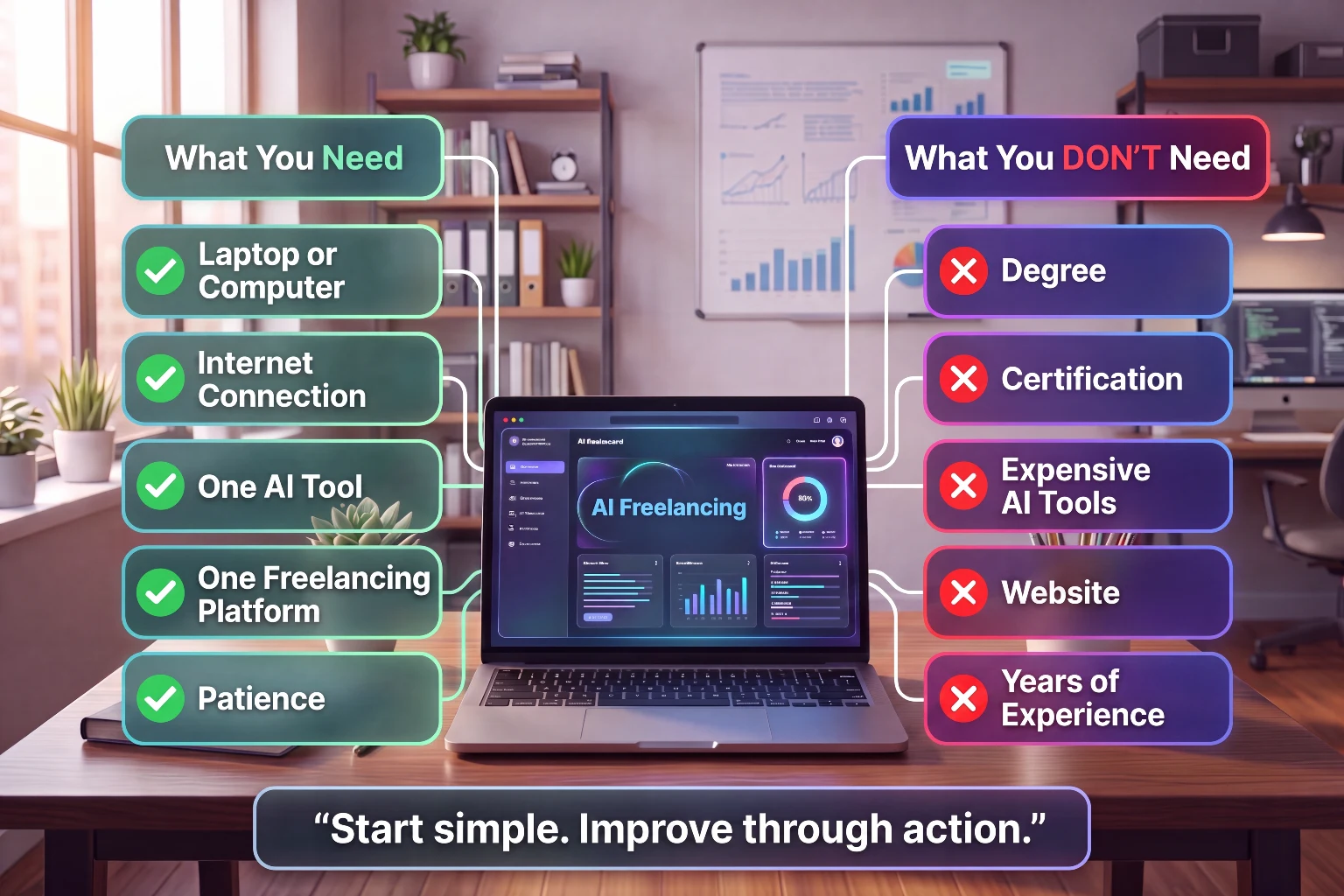 Comparison of what you need to start AI freelancing such as a laptop, internet connection, one AI tool, one freelancing platform, and patience, versus what you don't need like a degree, certification, or years of experience
