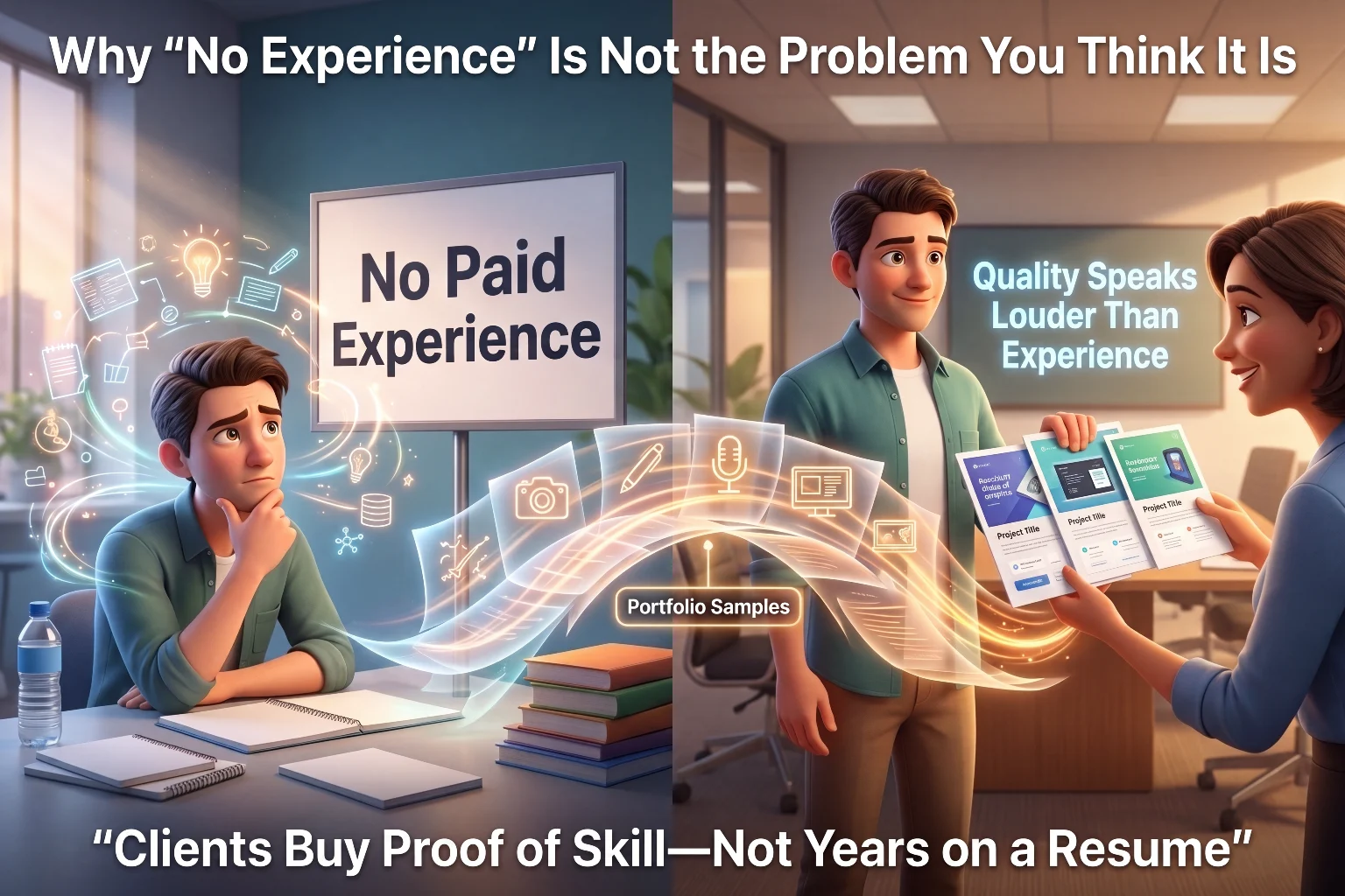 Comparison showing a beginner freelancer worried about having no paid experience versus a freelancer confidently sharing portfolio samples, illustrating that quality speaks louder than experience