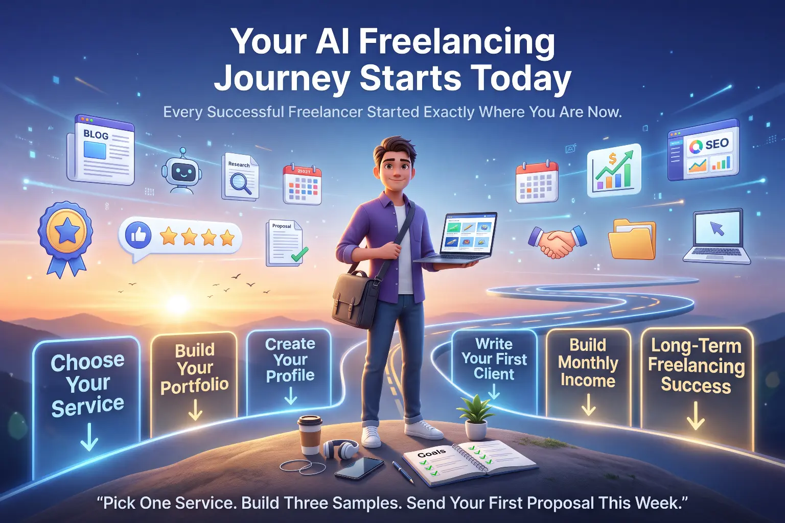 Image showing your AI freelancing journey starts today and showing six steps: choose your service, build your portfolio, create your profile, write your first client proposal, build monthly income, and achieve long-term freelancing success