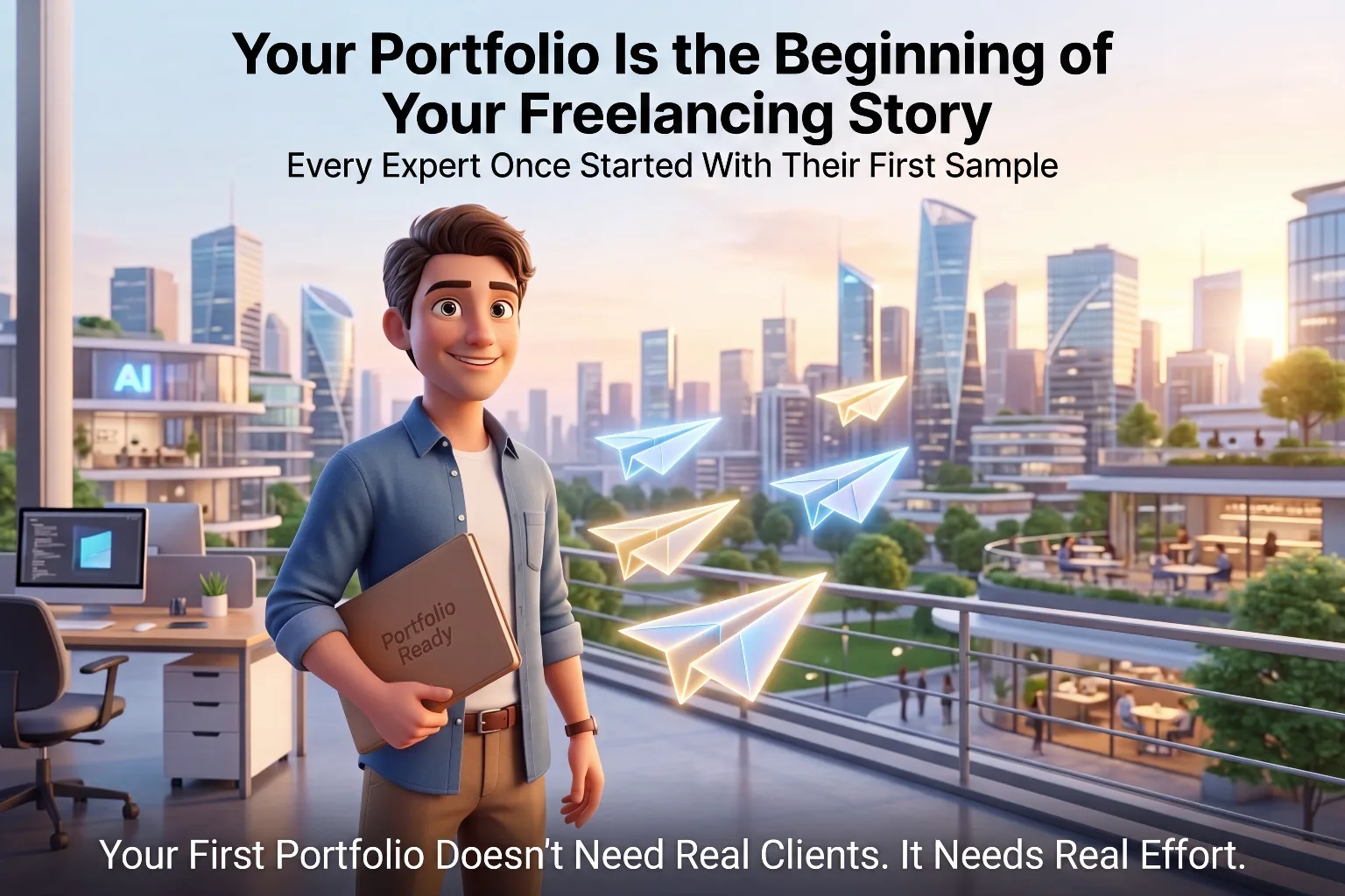 Illustration of a freelancer holding a portfolio ready folder in a futuristic city, representing that a portfolio is the beginning of a freelancing story and needs real effort not real clients