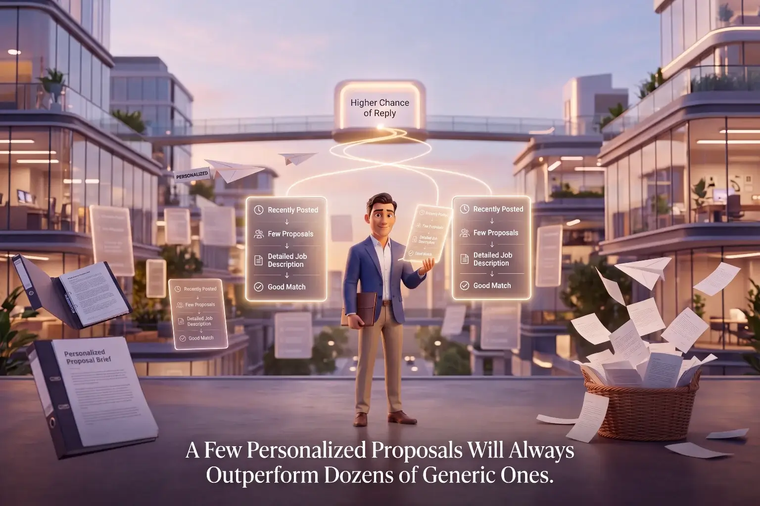Illustration comparing personalized freelance proposals with recently posted jobs, few proposals, and detailed job descriptions against generic proposals thrown in the trash, showing personalized proposals lead to higher chance of reply