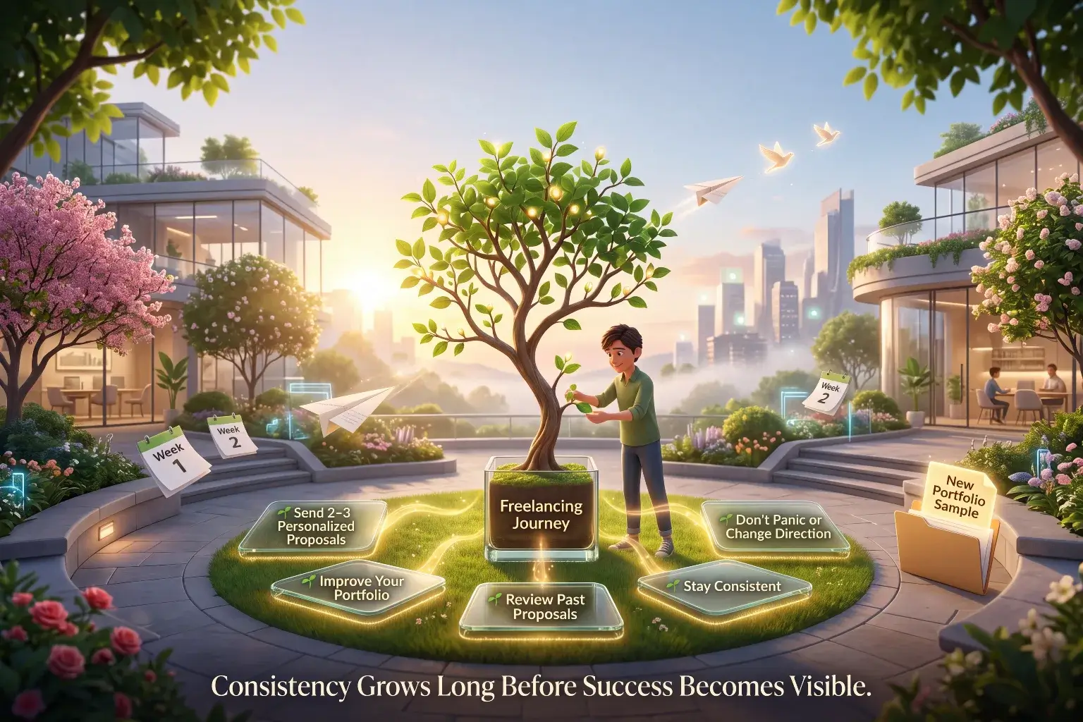 Illustration of a growing tree representing the AI freelancing journey with weekly actions like sending personalized proposals, improving your portfolio, reviewing past proposals, and staying consistent