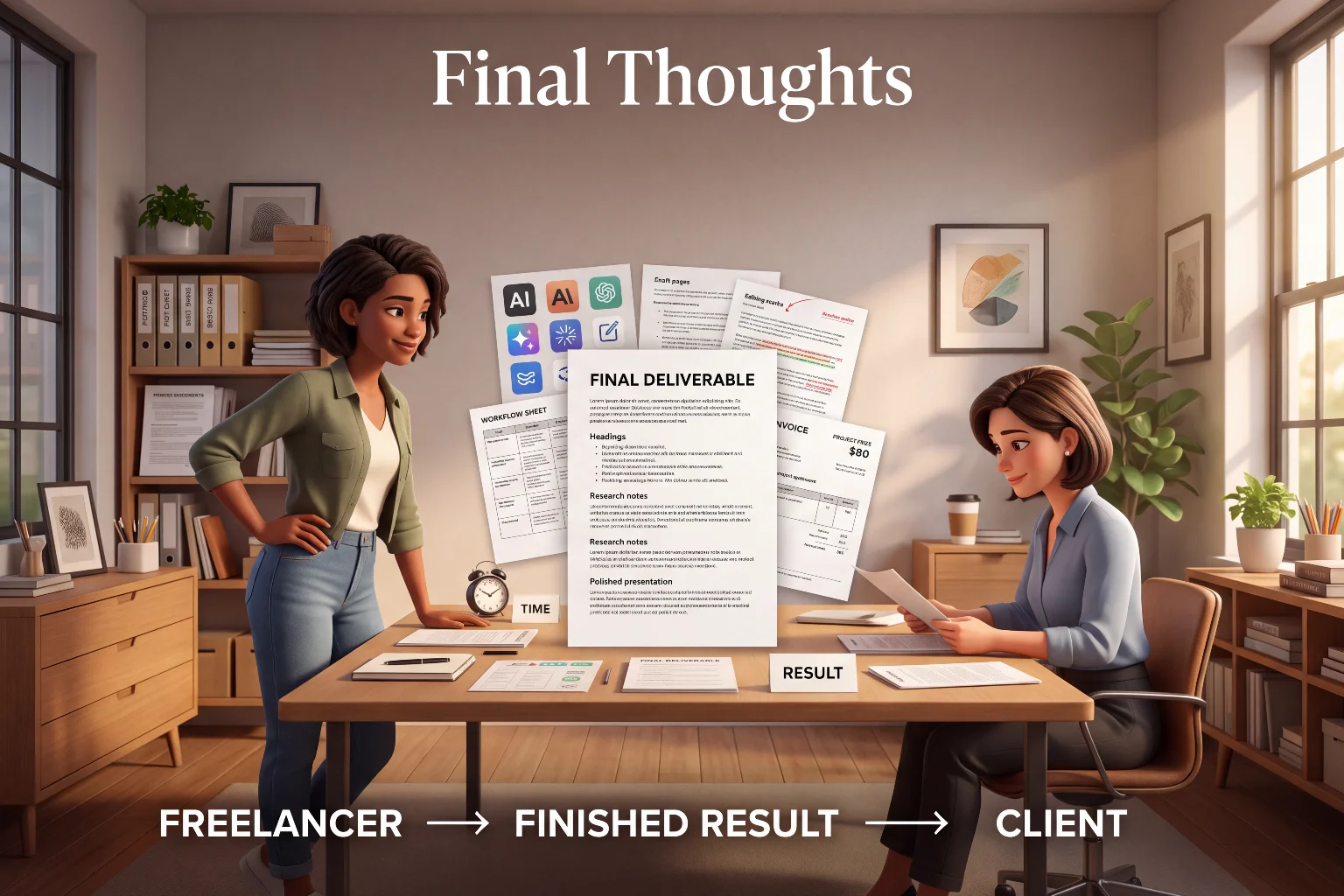 Illustration showing the journey from freelancer to finished result to client, representing the final deliverable of AI freelancing work