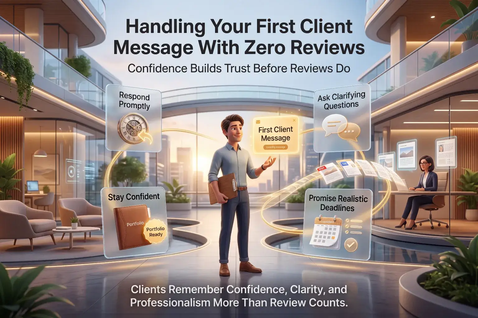 Guide to handling your first client message with zero reviews showing four tips: respond promptly, ask clarifying questions, stay confident, and promise realistic deadlines