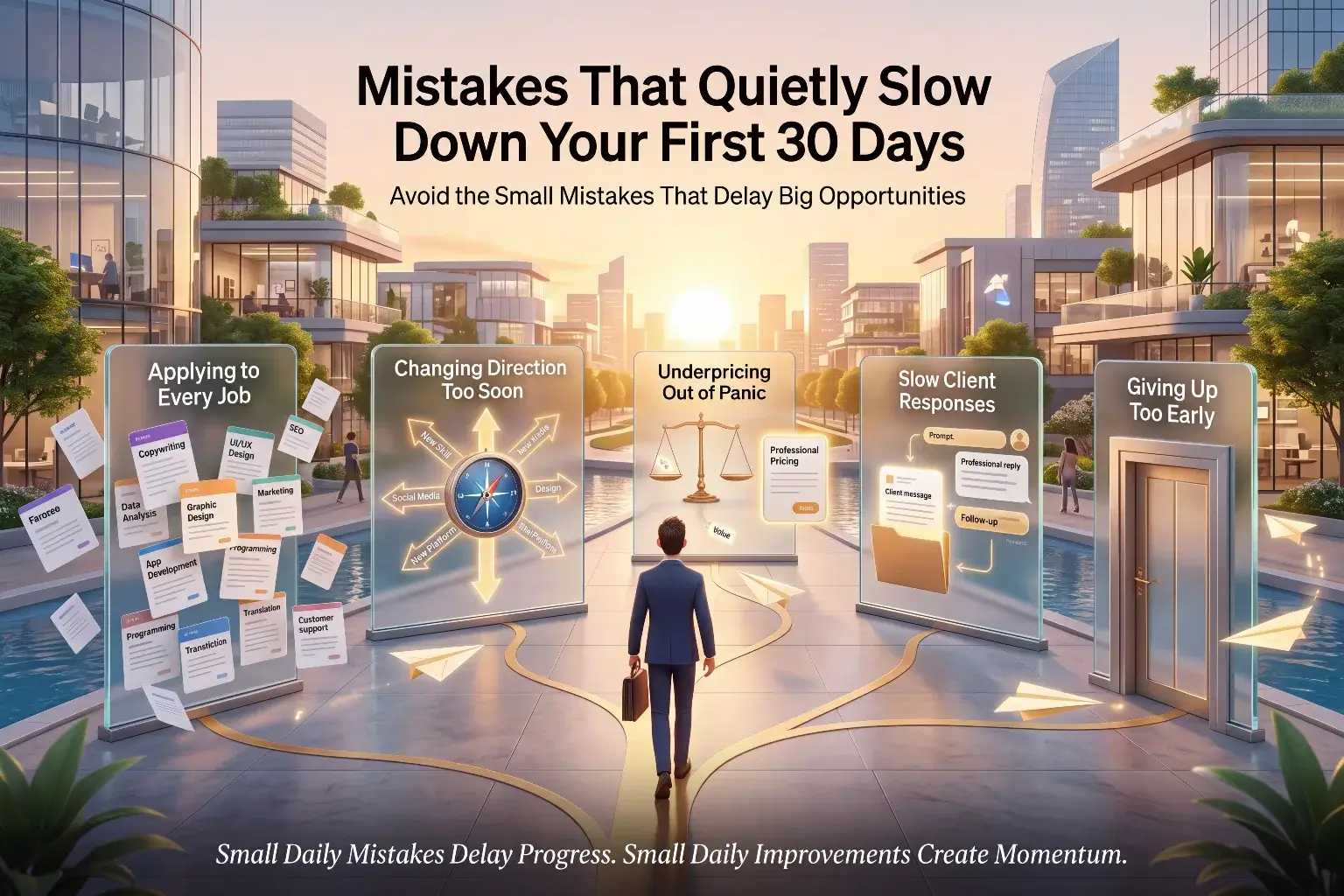 Illustration of mistakes that quietly slow down your first 30 days of freelancing including applying to every job, changing direction too soon, underpricing out of panic, slow client responses, and giving up too early