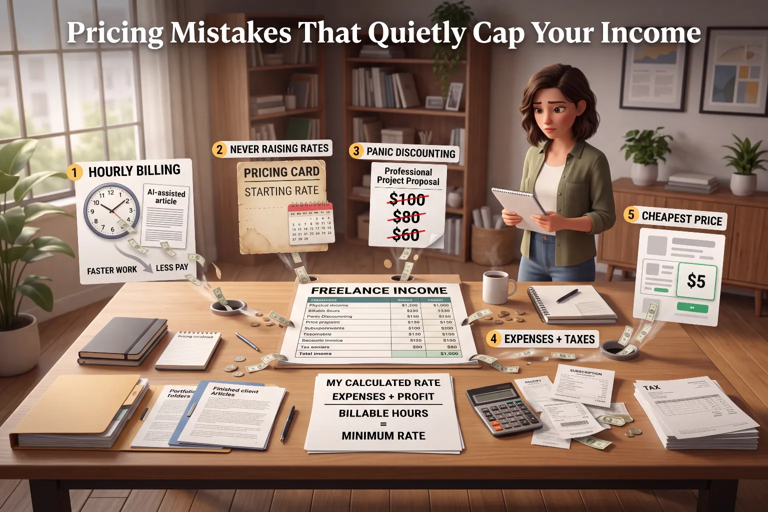 Illustration of five pricing mistakes that quietly cap freelance income including hourly billing, never raising rates, panic discounting, ignoring expenses and taxes, and charging the cheapest price