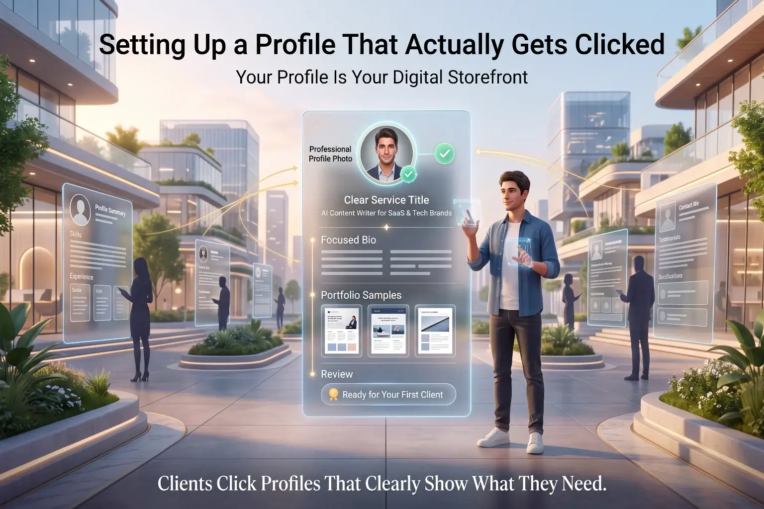 Guide to setting up an AI freelancing profile that gets clicked, showing a professional profile photo, clear service title, focused bio, and portfolio samples