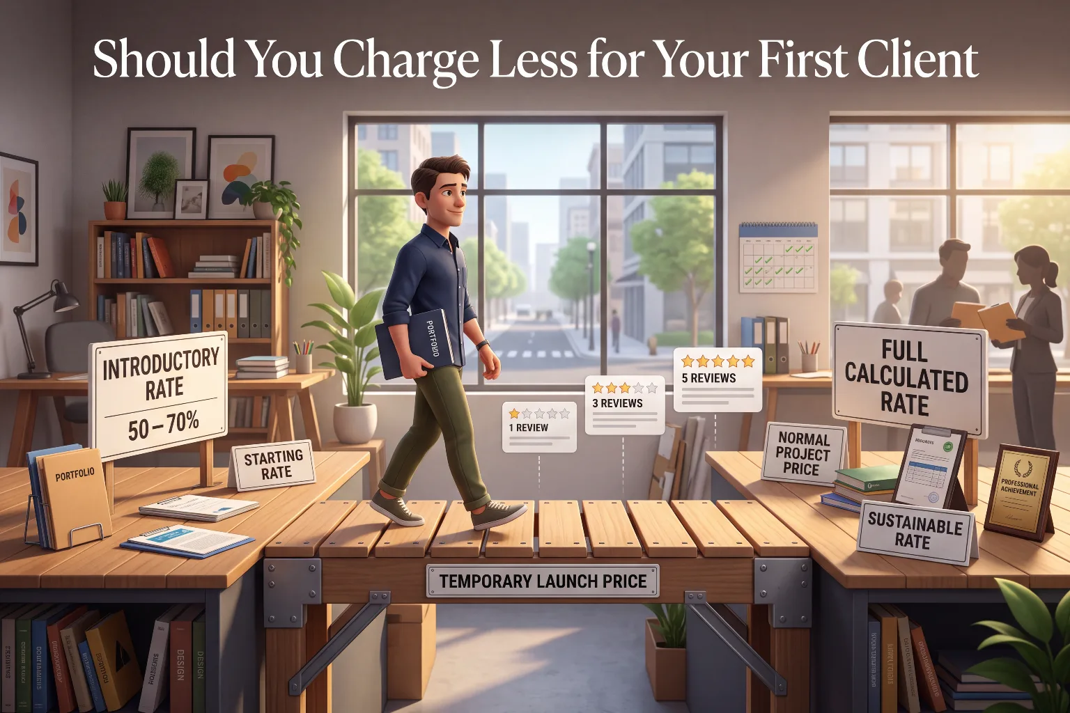 Illustration of a freelancer walking from an introductory rate of 50 to 70% toward a full calculated rate as reviews increase from 1 to 5 stars