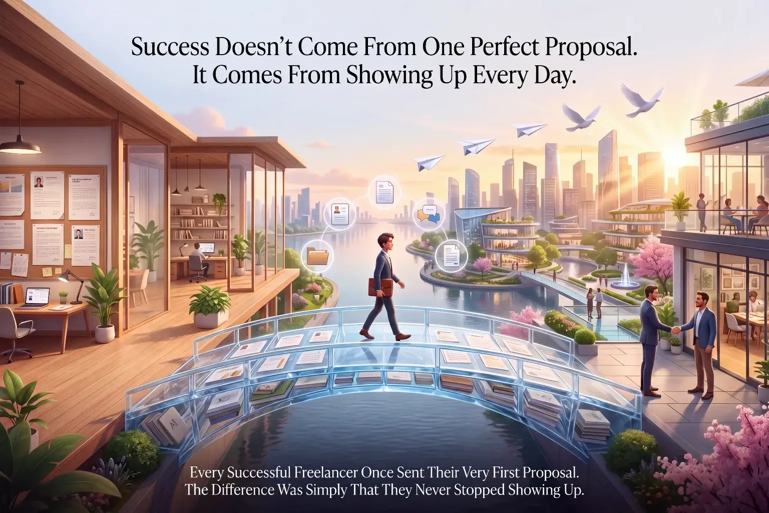 Illustration of a freelancer walking across a bridge toward a client handshake, representing that AI freelancing success comes from showing up every day rather than sending one perfect proposal