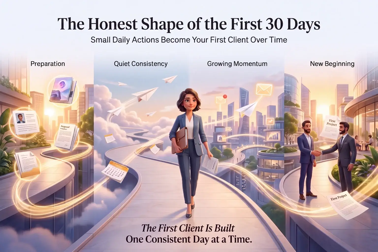 Timeline illustration showing the honest shape of the first 30 days of freelancing across four stages: preparation, quiet consistency, growing momentum, and new beginning with the first client