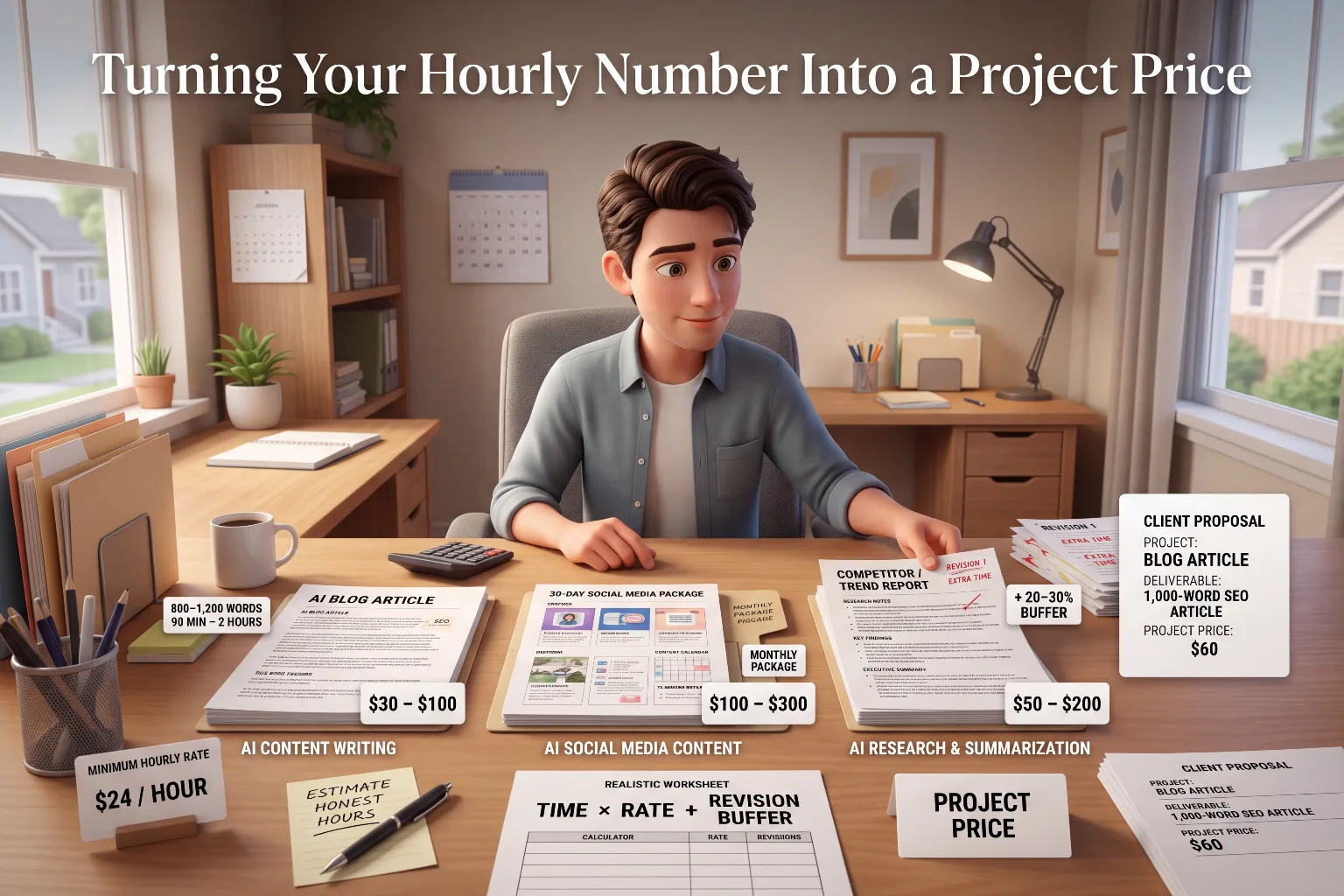 Guide to turning an hourly rate into a project price for AI content writing, AI social media content, and AI research and summarization with example pricing and a client proposal