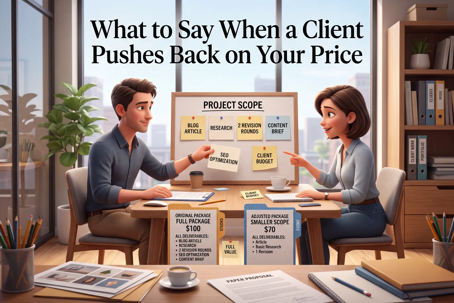 Illustration of a freelancer and client discussing project scope, comparing an original full package at $100 versus an adjusted smaller scope package at $70