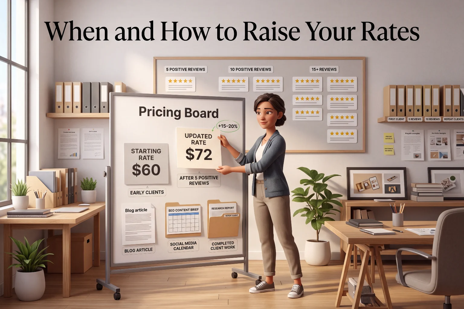 Pricing board showing how much to charge as an AI freelancer and how to raise freelance rates from a starting rate of $60 to an updated rate of $72 after 5 positive reviews, with further increases after 10 and 15 plus reviews