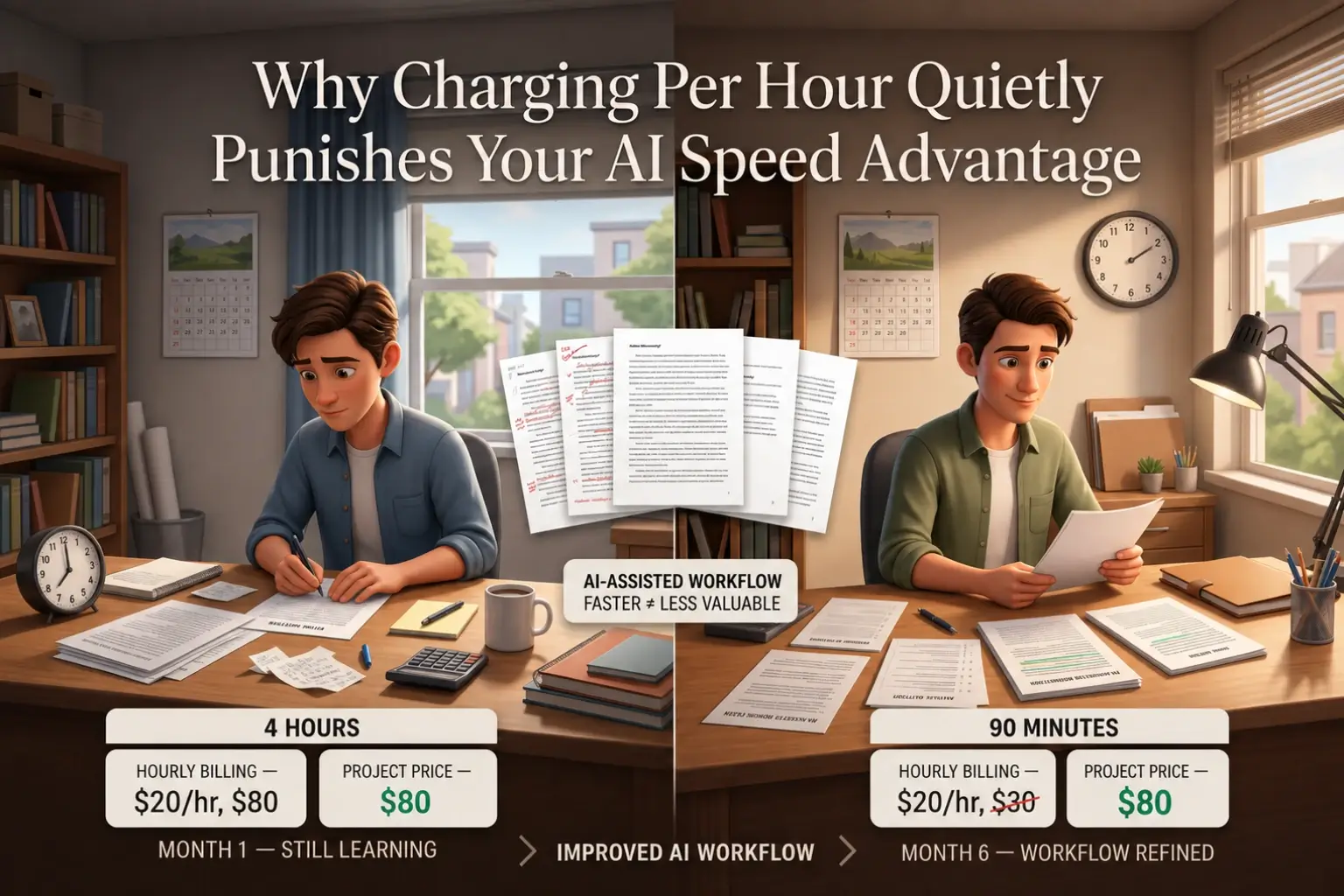 Comparison showing why hourly billing punishes AI speed advantage, with a freelancer taking 4 hours in month 1 earning $80 versus the same project taking 90 minutes by month 6 with an improved AI workflow still earning $80 through project pricing