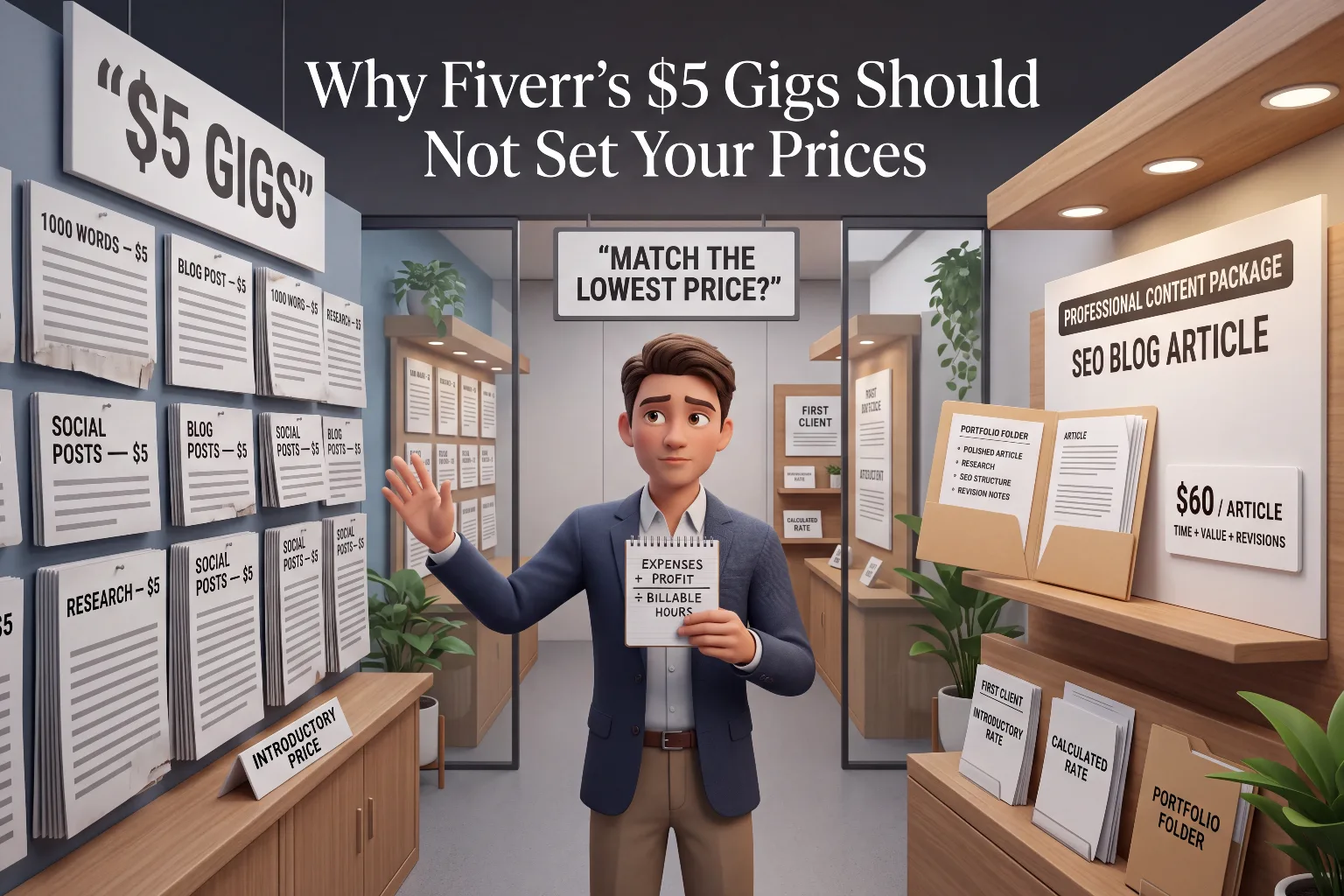 Illustration contrasting low-priced $5 gigs on Fiverr with a professional content package priced at $60 per article based on time, value, and revisions