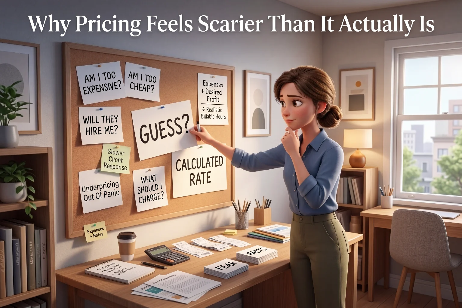 Illustration of a freelancer weighing pricing fears like being too expensive or too cheap against a calculated rate formula of expenses plus desired profit divided by realistic billable hours