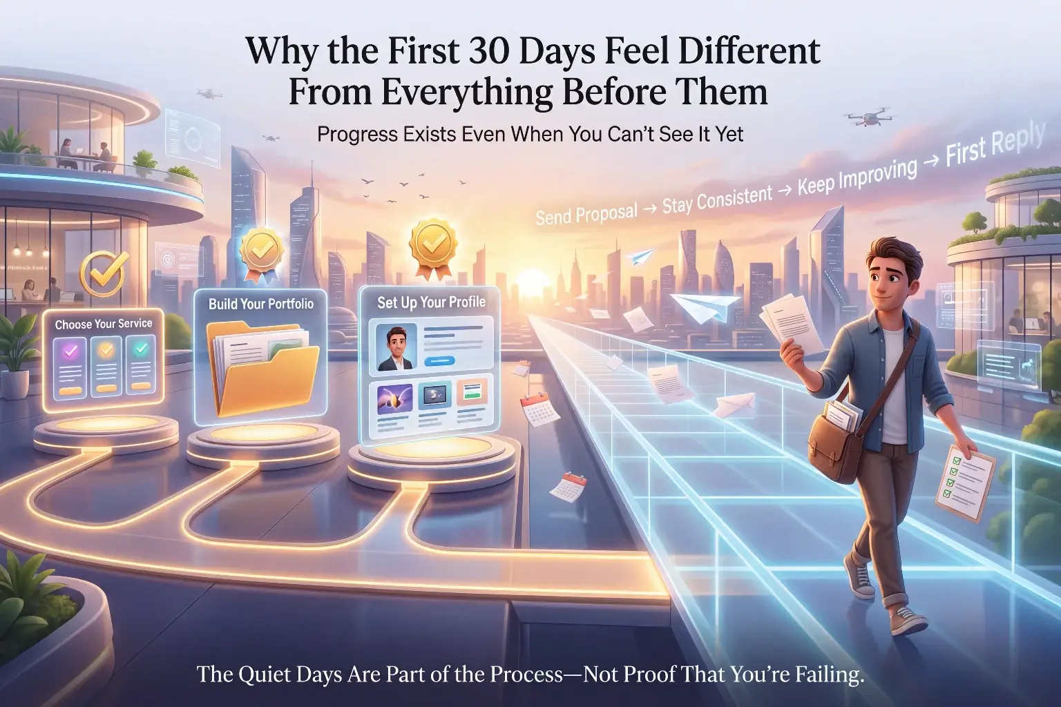 Illustration showing why the first 30 days of AI freelancing feel different, following the path of choosing your service, building your portfolio, and setting up your profile before sending proposals and getting your first reply