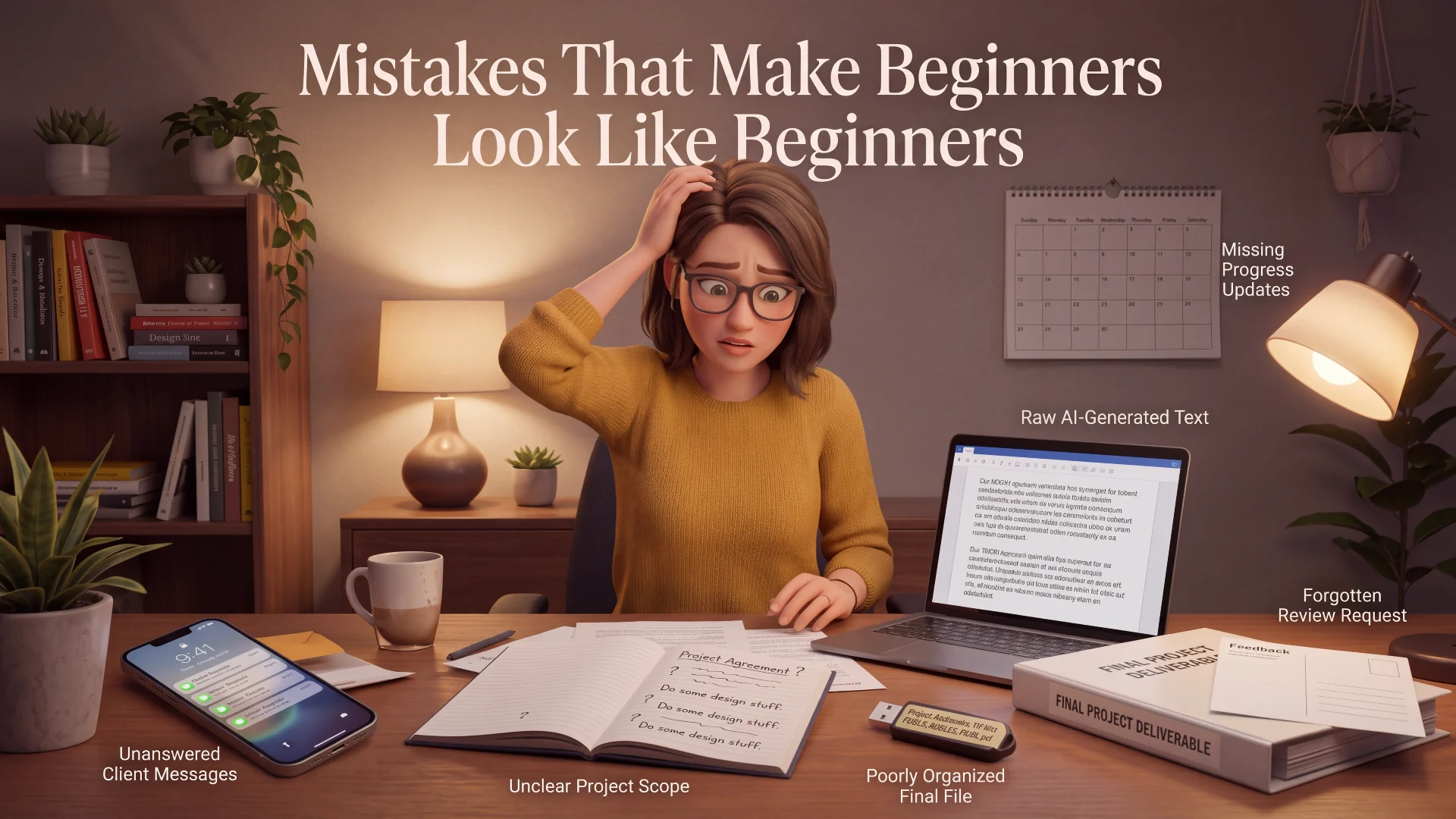 What to Do After Your First AI Freelancing Client Says Yes 12 Illustration of common freelancing mistakes including unanswered client messages, unclear project scope, poorly organized final files, raw AI-generated text, missing progress updates, and forgotten review requests