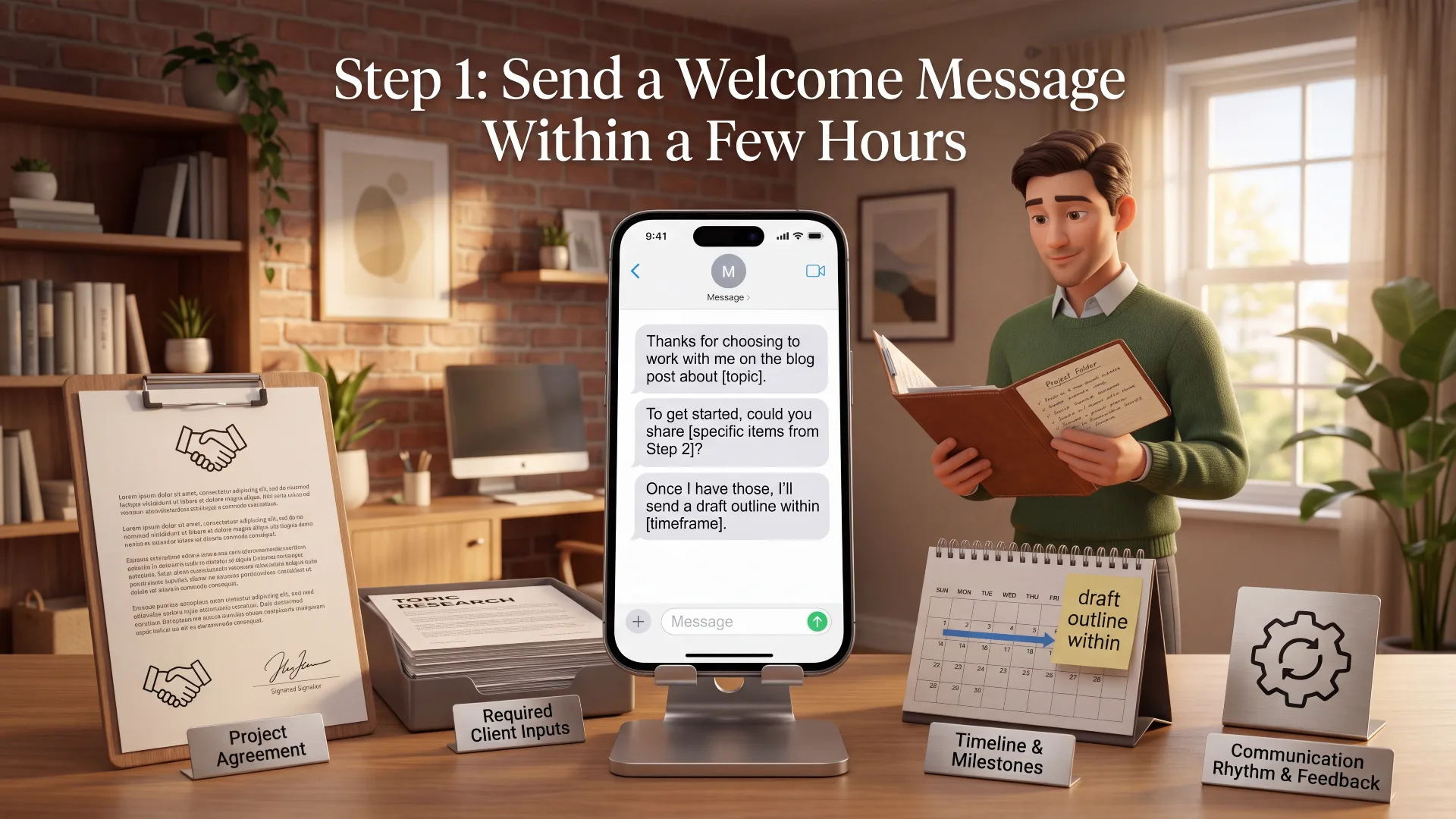 What to Do After Your First AI Freelancing Client Says Yes 4 Illustration of a freelancer sending a welcome message to a new client covering project agreement, required client inputs, timeline and milestones, and communication rhythm and feedback