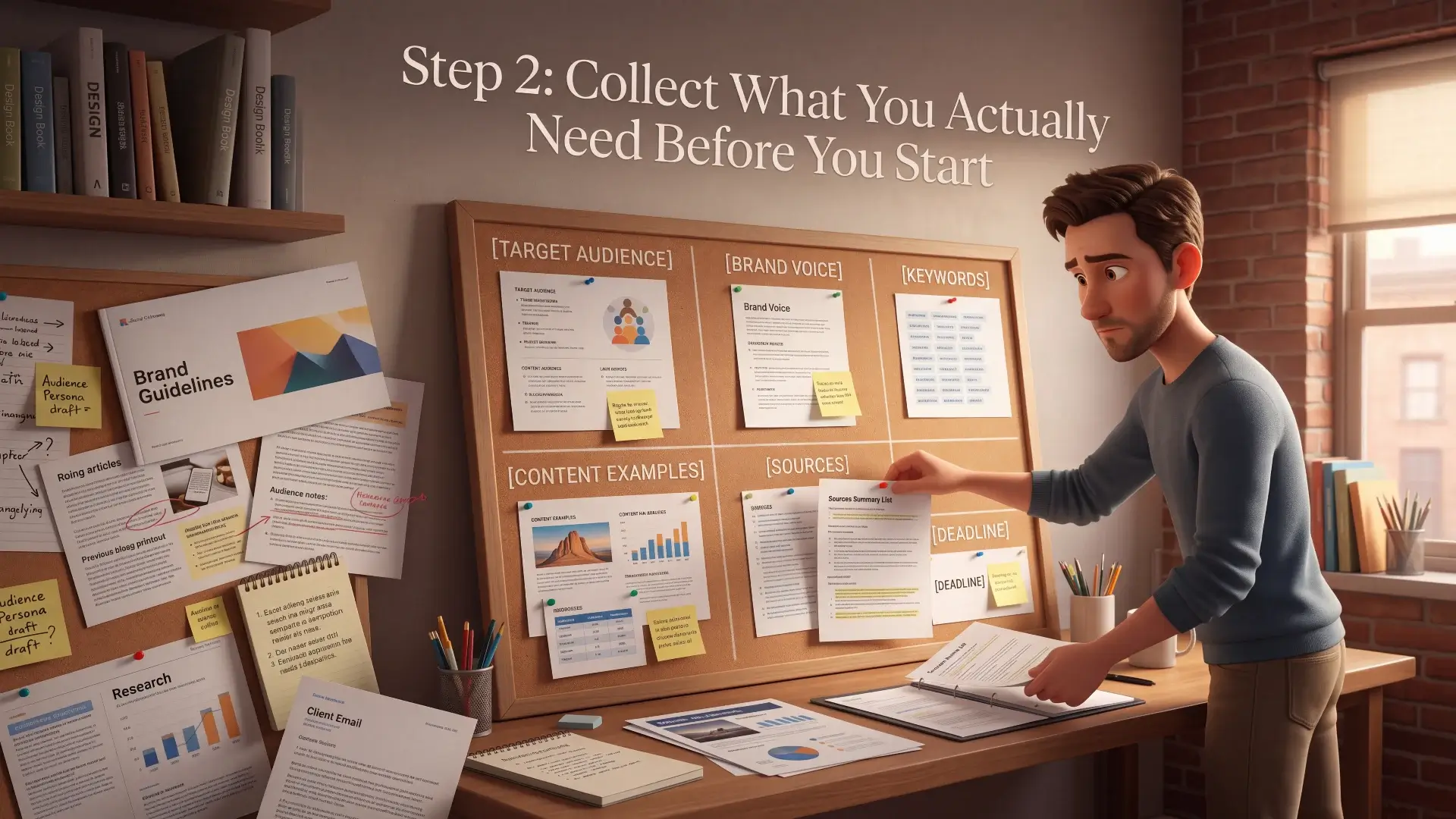 What to Do After Your First AI Freelancing Client Says Yes 5 Illustration of a freelancer organizing a planning board with target audience, brand voice, keywords, content examples, sources, and deadline before starting a client project