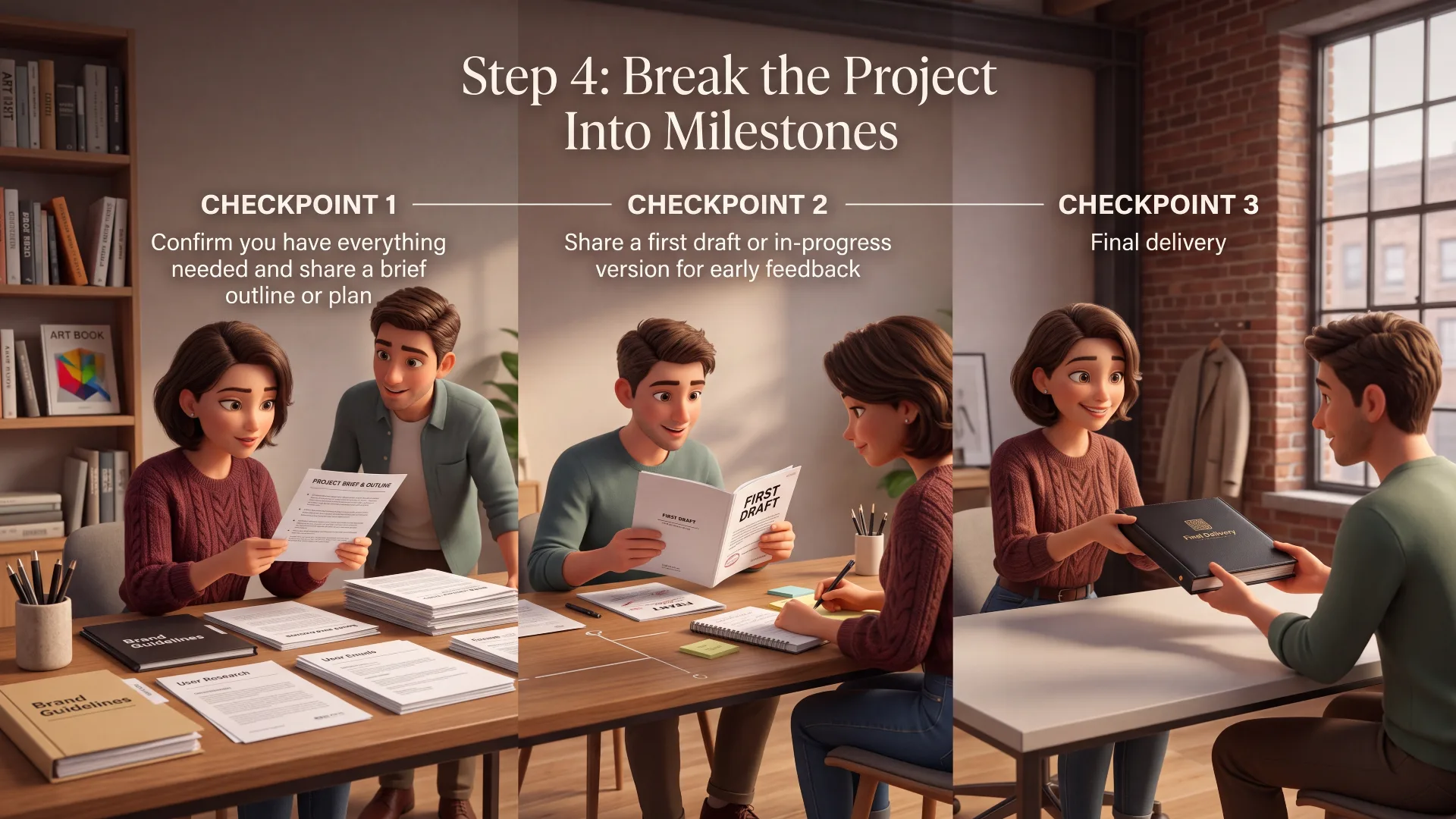 What to Do After Your First AI Freelancing Client Says Yes 6 Illustration of three project checkpoints for freelance client work: confirming requirements and sharing an outline, sharing a first draft for feedback, and final delivery