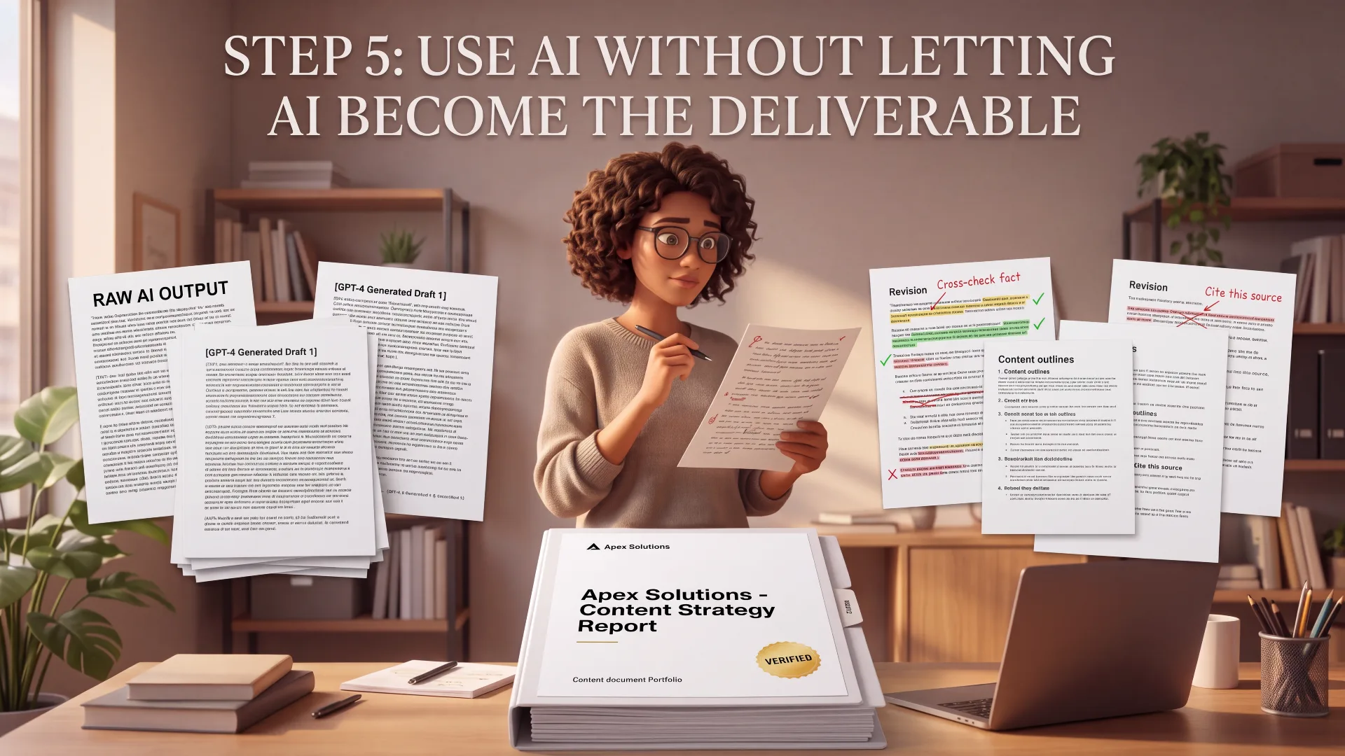 What to Do After Your First AI Freelancing Client Says Yes 7 Illustration of a freelancer reviewing and revising a raw AI-generated draft into a verified content strategy report, cross-checking facts and citing sources before delivering to the client