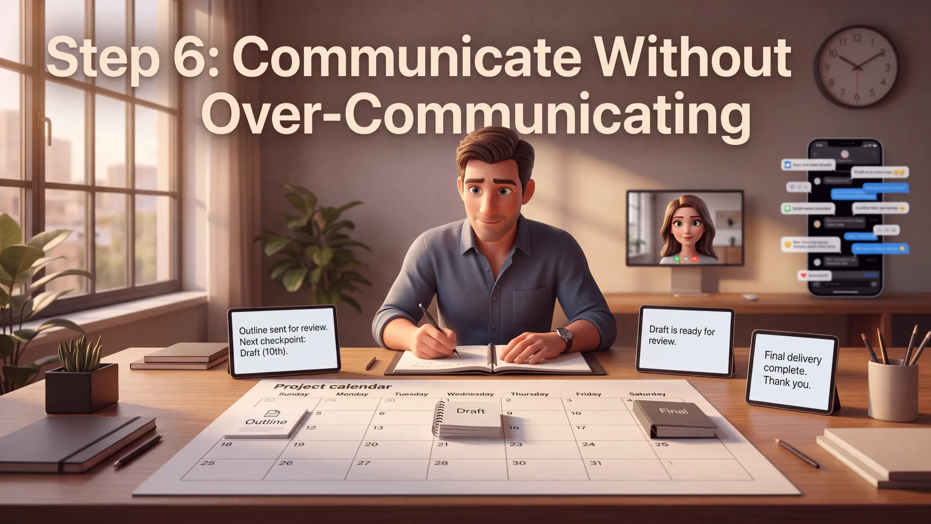What to Do After Your First AI Freelancing Client Says Yes 8 Illustration of a freelancer managing client communication through a project calendar with outline, draft, and final delivery updates sent at each stage without over-communicating