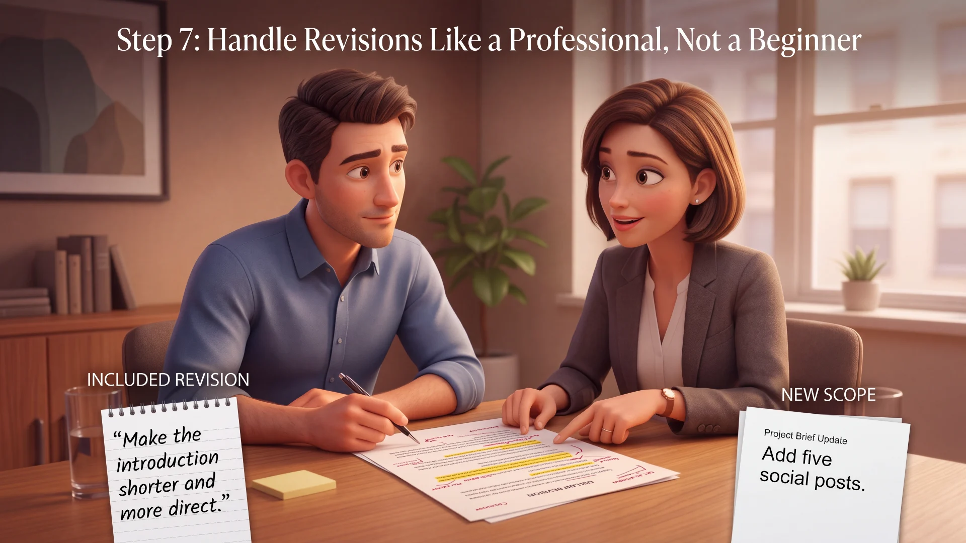 What to Do After Your First AI Freelancing Client Says Yes 9 Illustration of a freelancer and client discussing revision feedback, distinguishing an included revision like shortening the introduction from a new scope request like adding five social posts