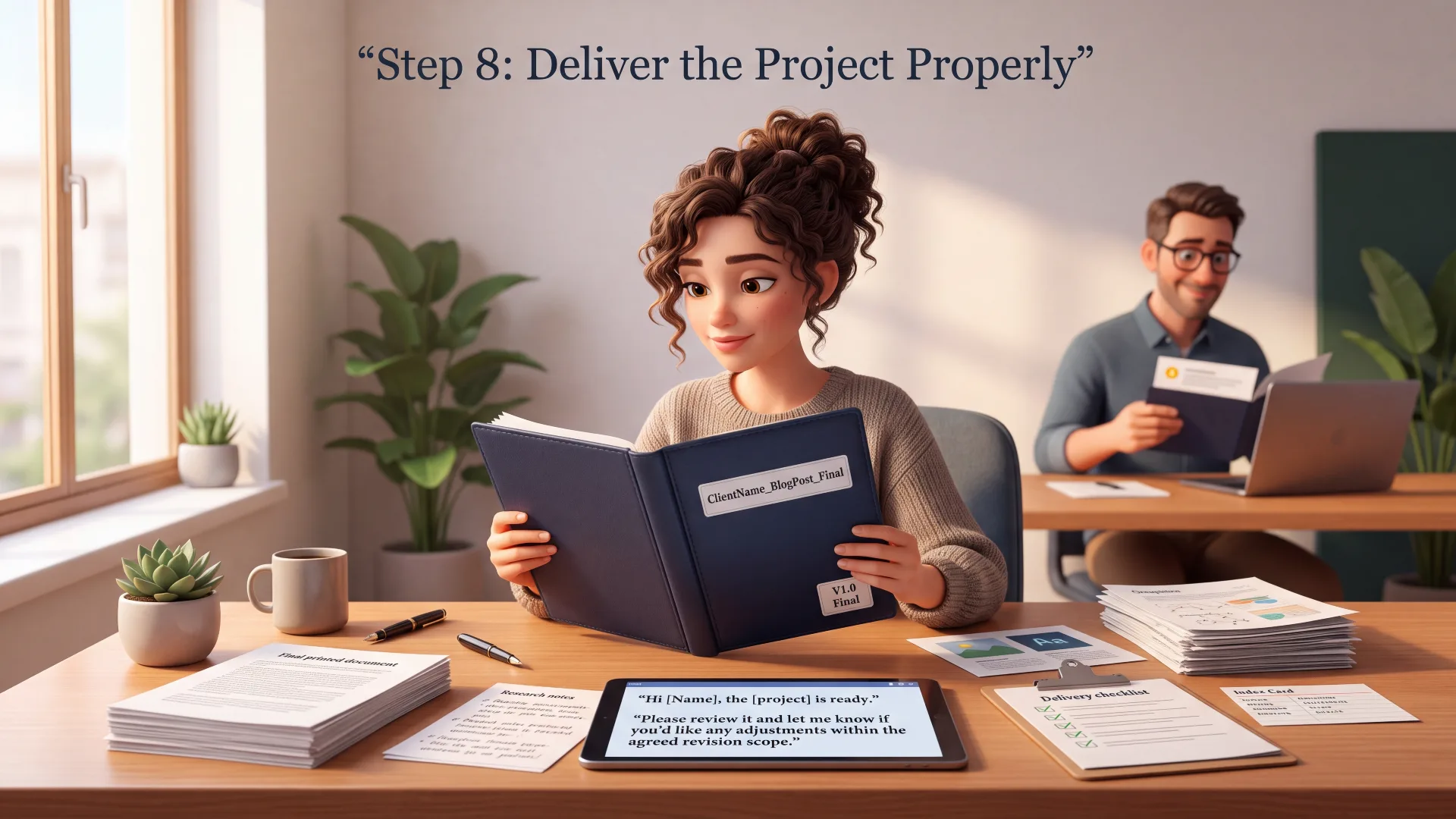 What to Do After Your First AI Freelancing Client Says Yes 10 Illustration of a freelancer reviewing a final client deliverable folder and sending a delivery message asking the client to review and share feedback within the agreed revision scope