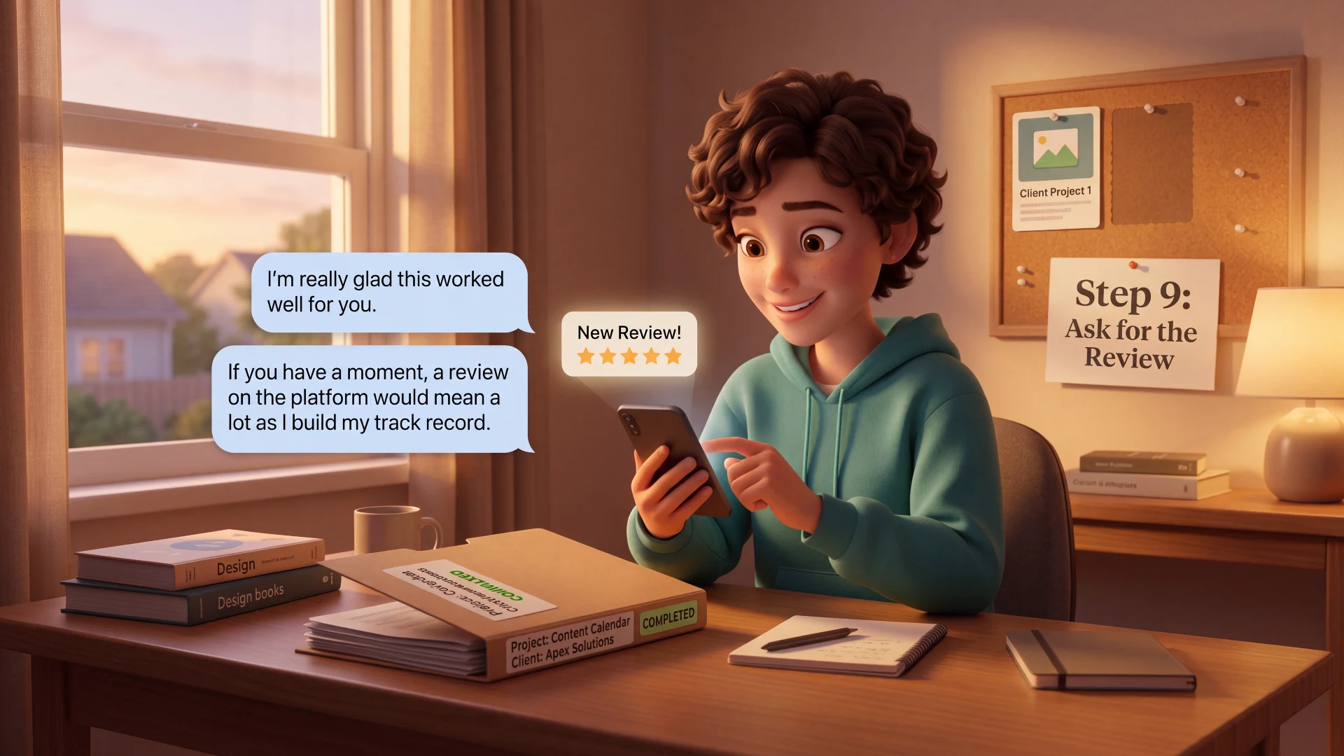 What to Do After Your First AI Freelancing Client Says Yes 11 Illustration of a freelancer messaging a client after project completion asking for a review to help build their track record