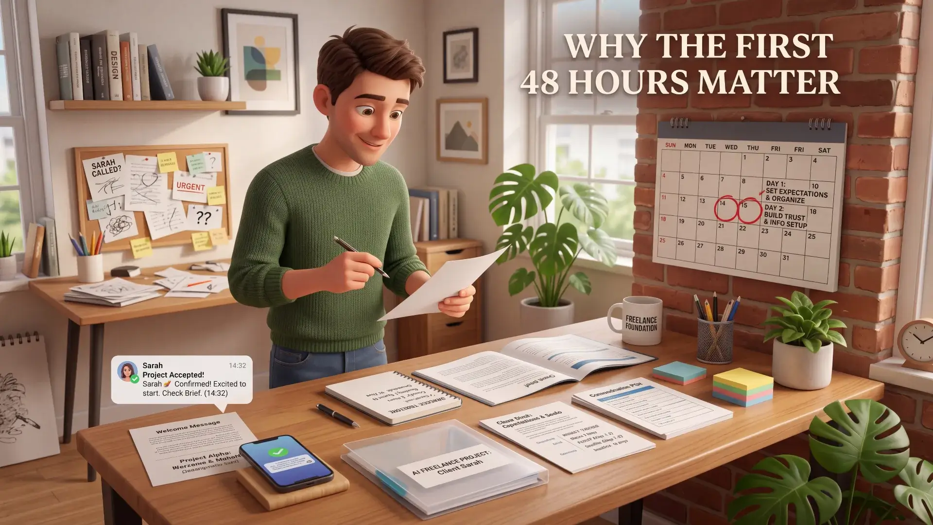 What to Do After Your First AI Freelancing Client Says Yes 3 What to do after first AI freelancing client says yes — why the first 48 hours matter, shown through a calendar marking day 1 for setting expectations and day 2 for building trust and info setup